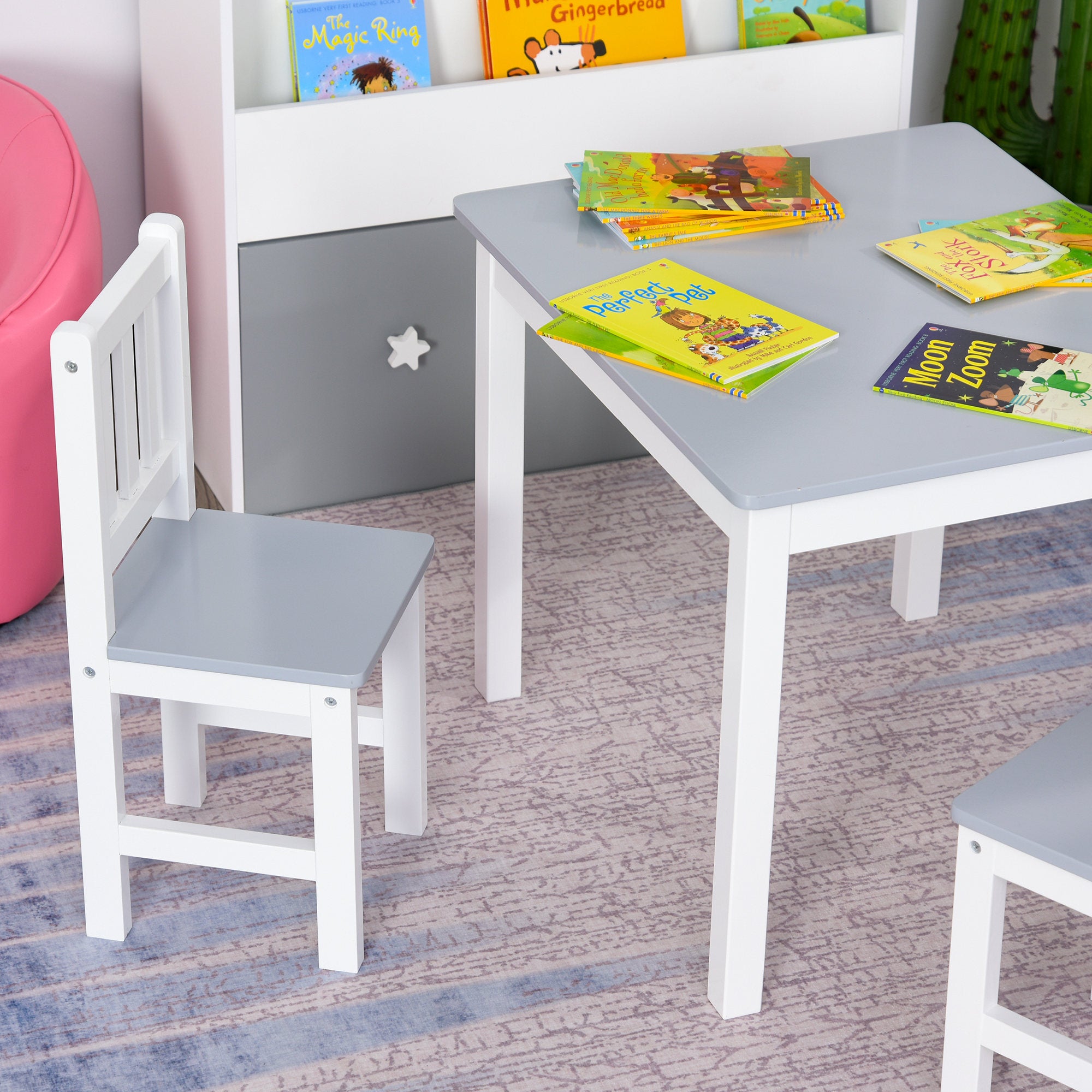4-Piece Set Kids Wood Table Chair Bench Storage Function for 3 Years+ HOMCOM