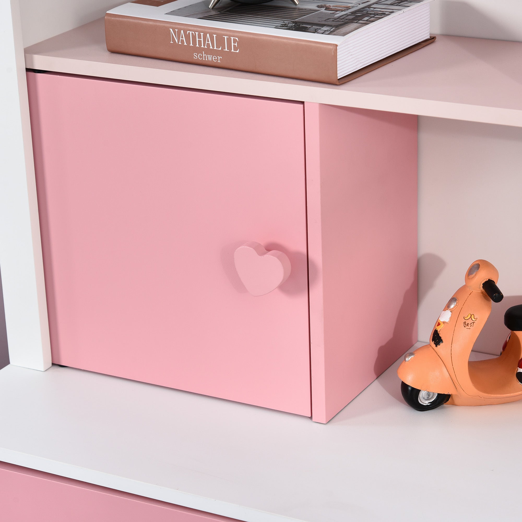 HOMCOM Kids Bookshelf Chest Drawer with Wheels Baby Toy Wood Organizer Pink