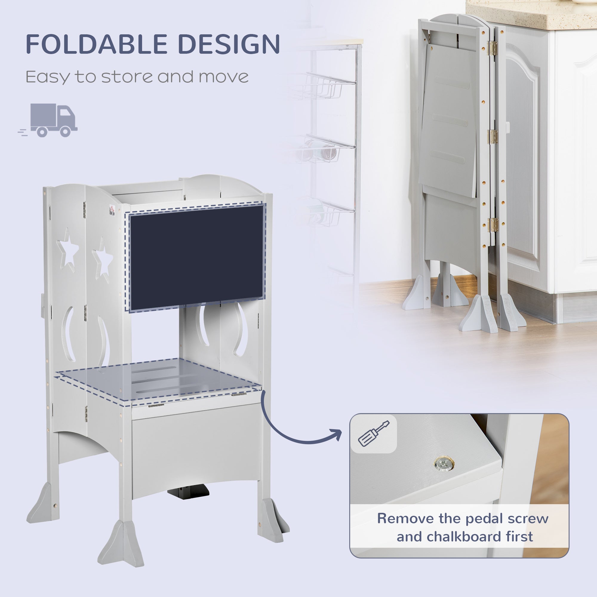 Kids Step Stool Toddler Kitchen Stool with Blackboard Lockable Handrail