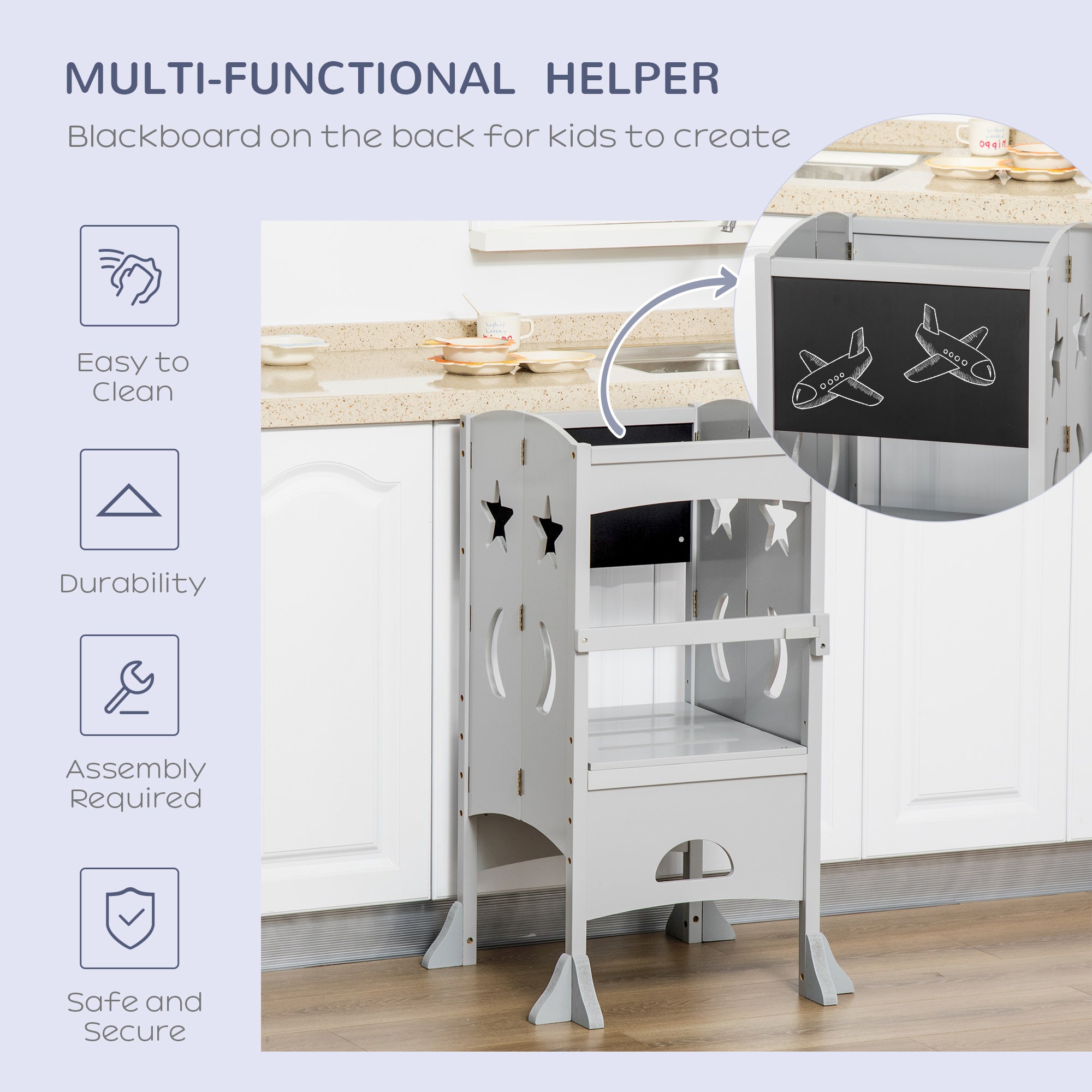 Kids Step Stool Toddler Kitchen Stool with Blackboard Lockable Handrail