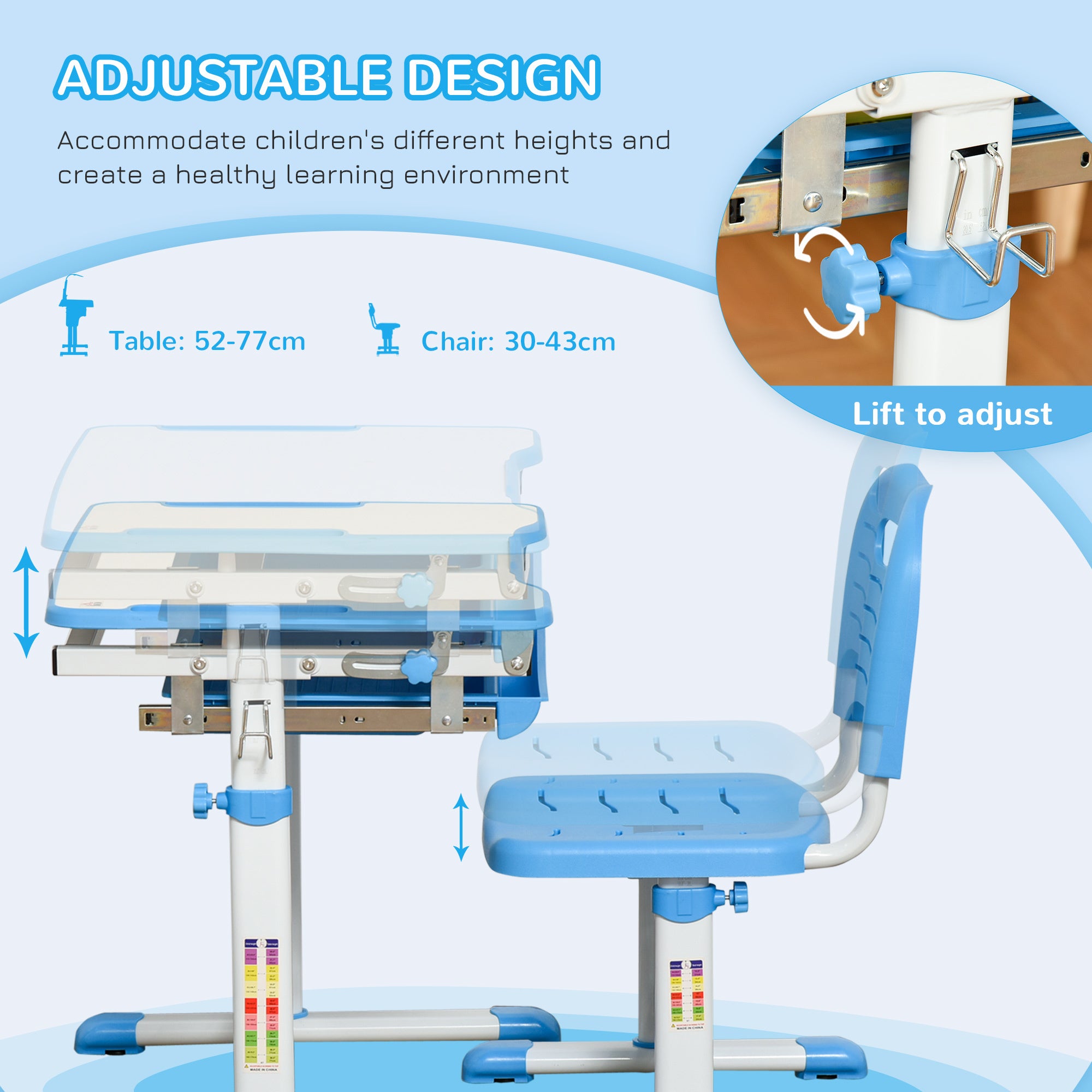Kids Desk and Chair Set Adjustable Tiltable with Drawer Pen Slot Hook
