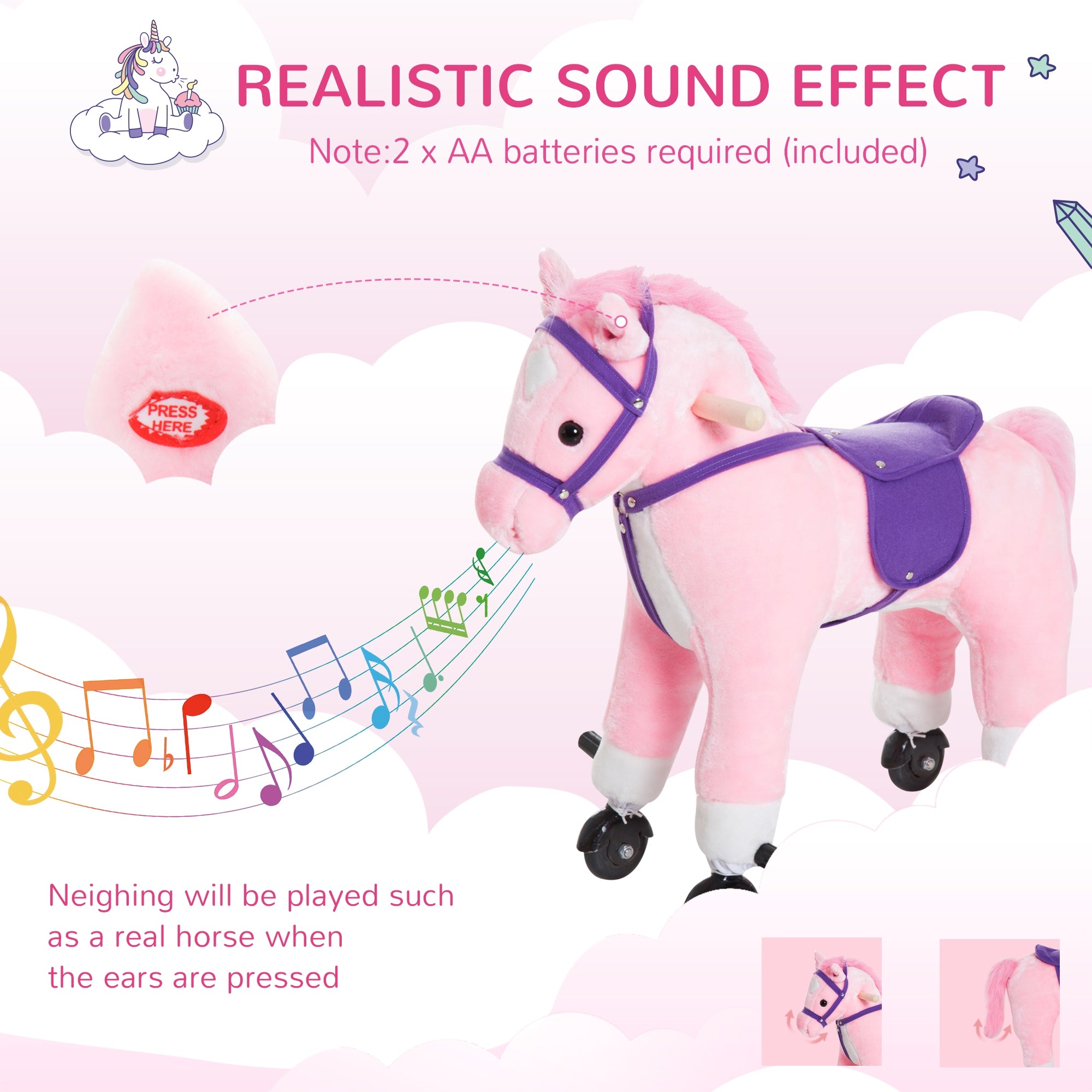 Wheeled Rocking Horse Ride on Rocker Children Riding Toy Plush Sound HOMCOM