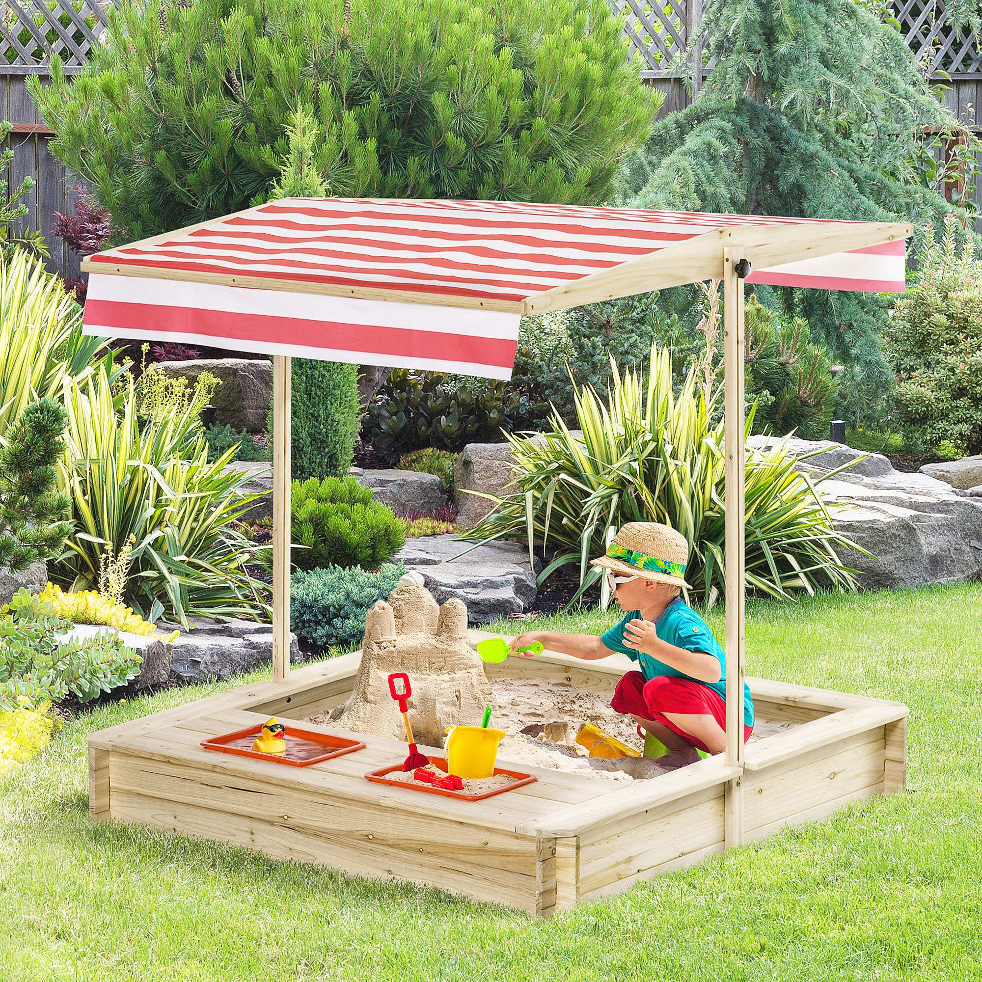 Kids Wooden Sand Pit Children Sandbox w/ Adjustable Canopy Shade Outsunny