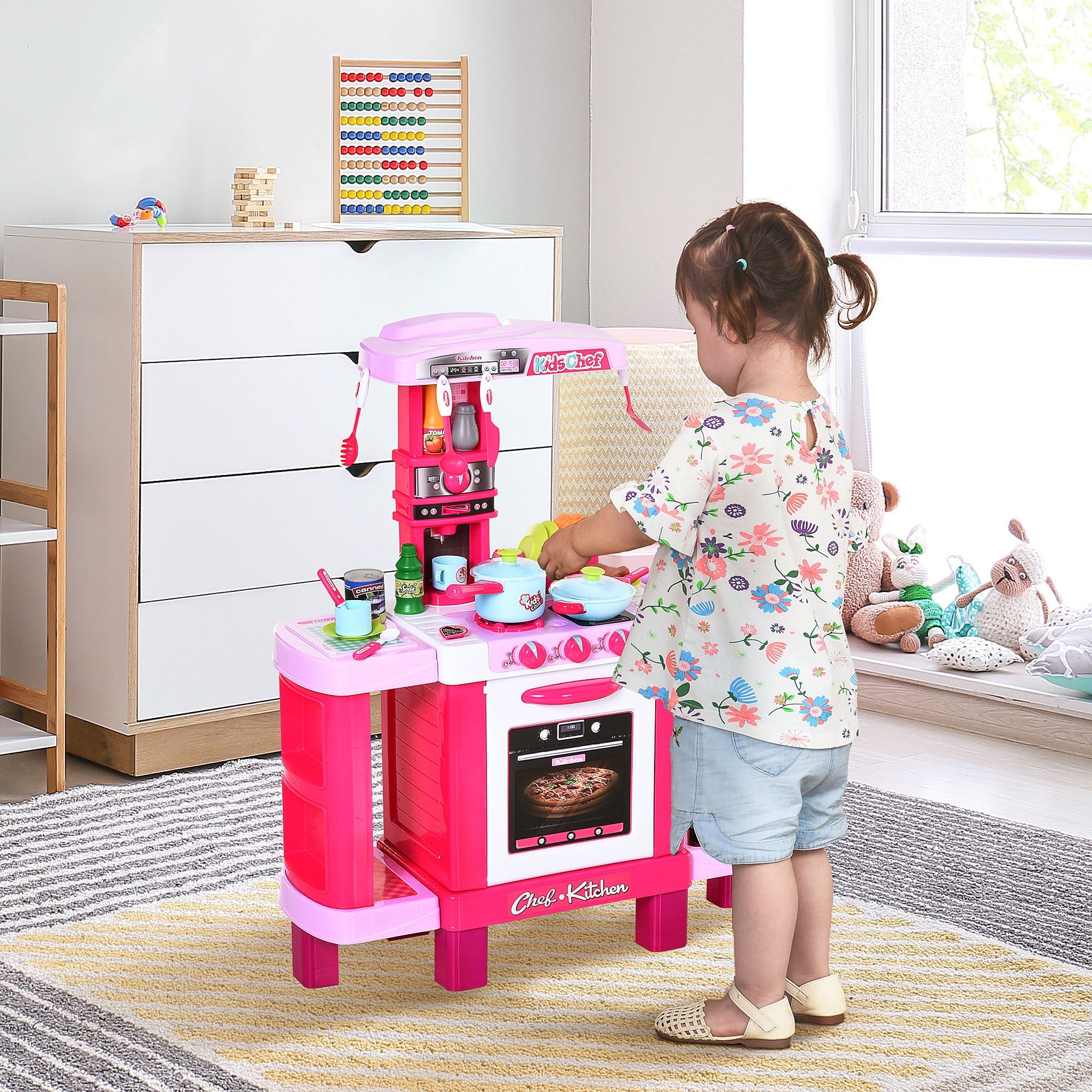 38-Piece Children's Kitchen Play Set Realistic Sounds Lights Food Pink