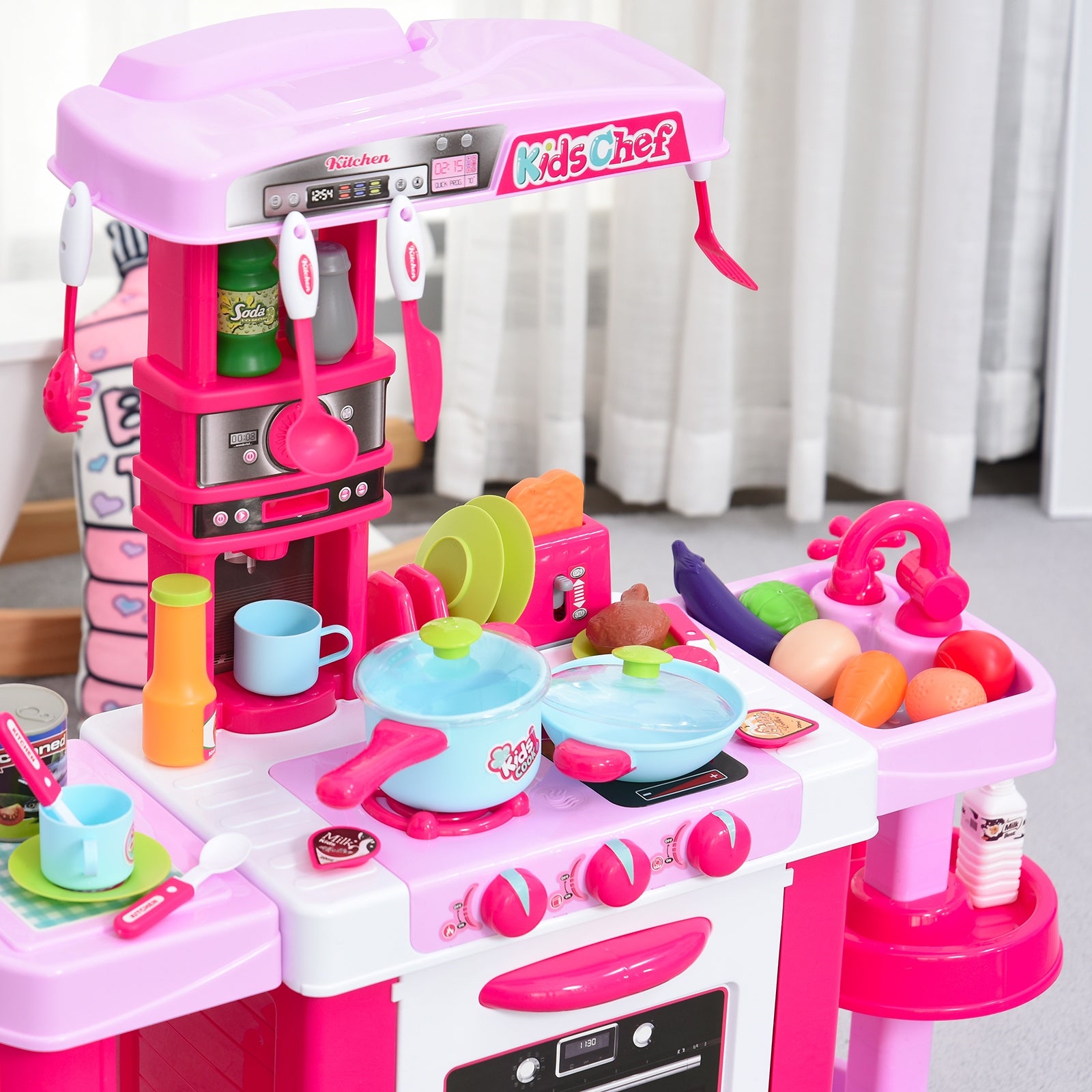 38-Piece Children's Kitchen Play Set Realistic Sounds Lights Food Pink