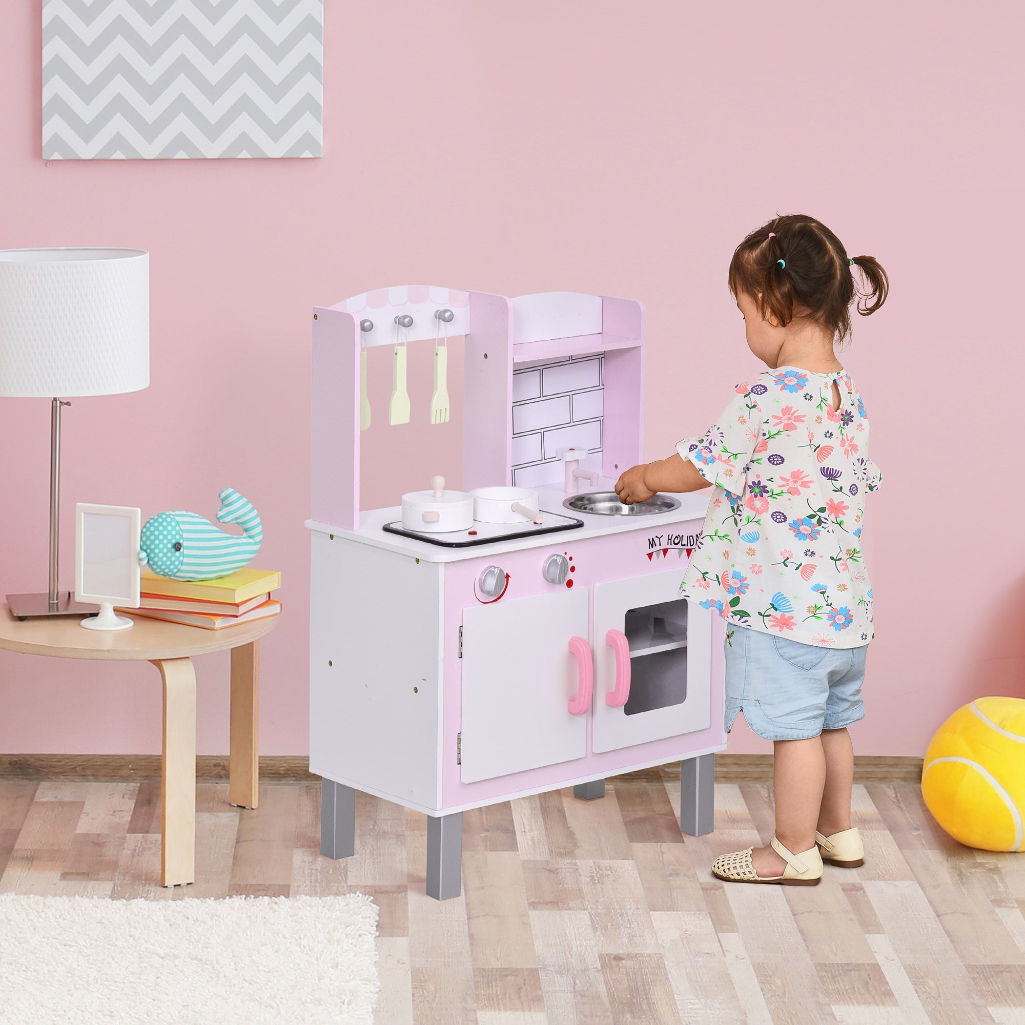 Kids Kitchen Play Set Sounds Utensils Pans Storage Child Role Play