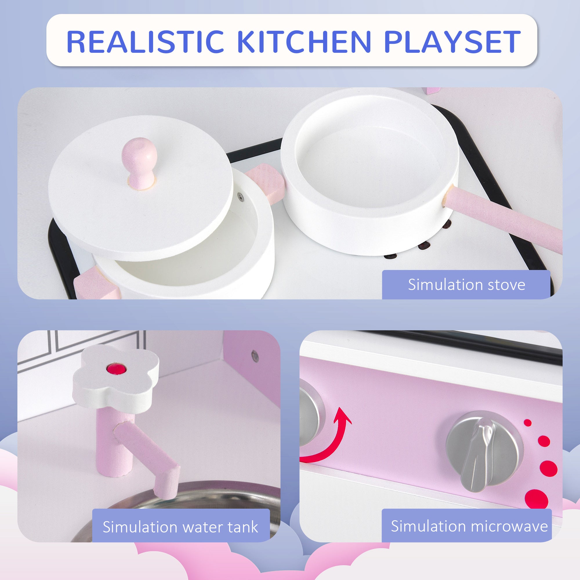 Kids Kitchen Play Set Sounds Utensils Pans Storage Child Role Play