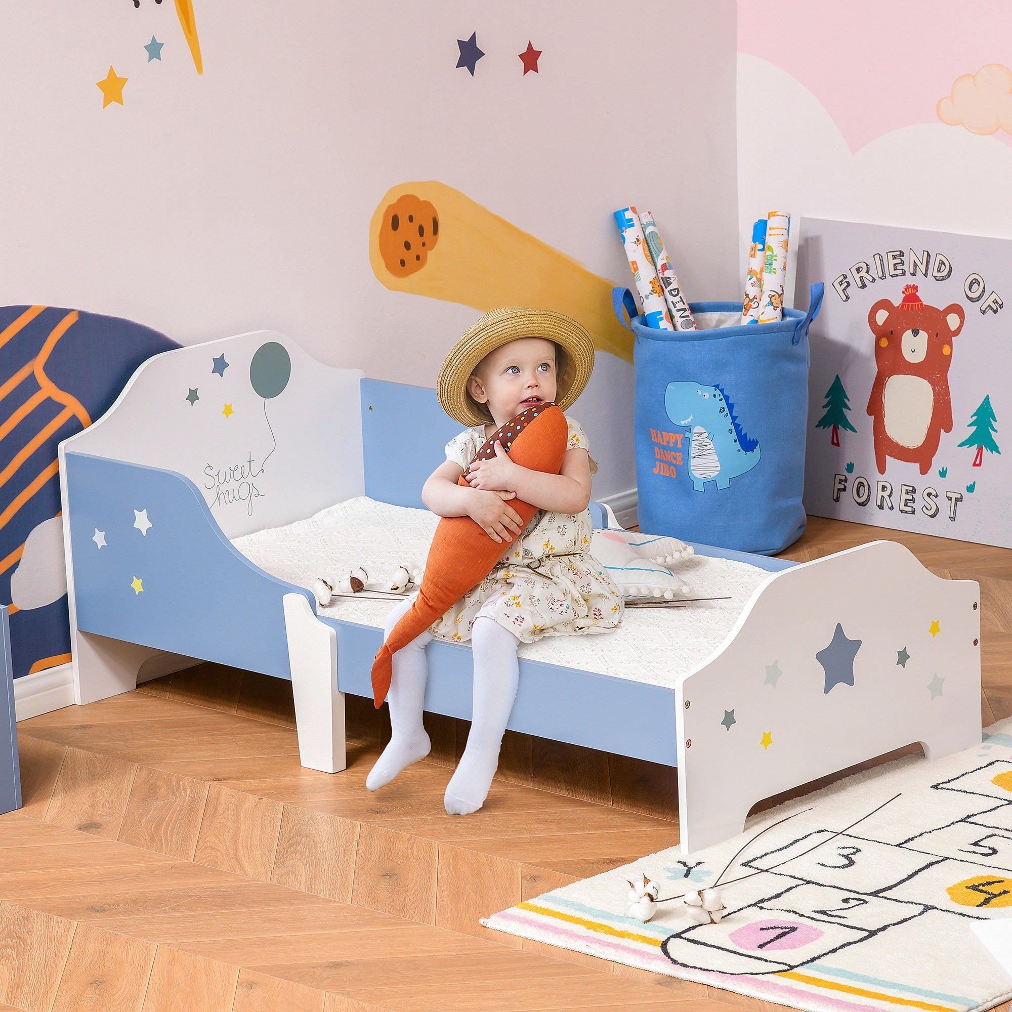 Kids Star Balloon Single Bed Frame Guardrails Slats Bedroom Furniture HOMCOM