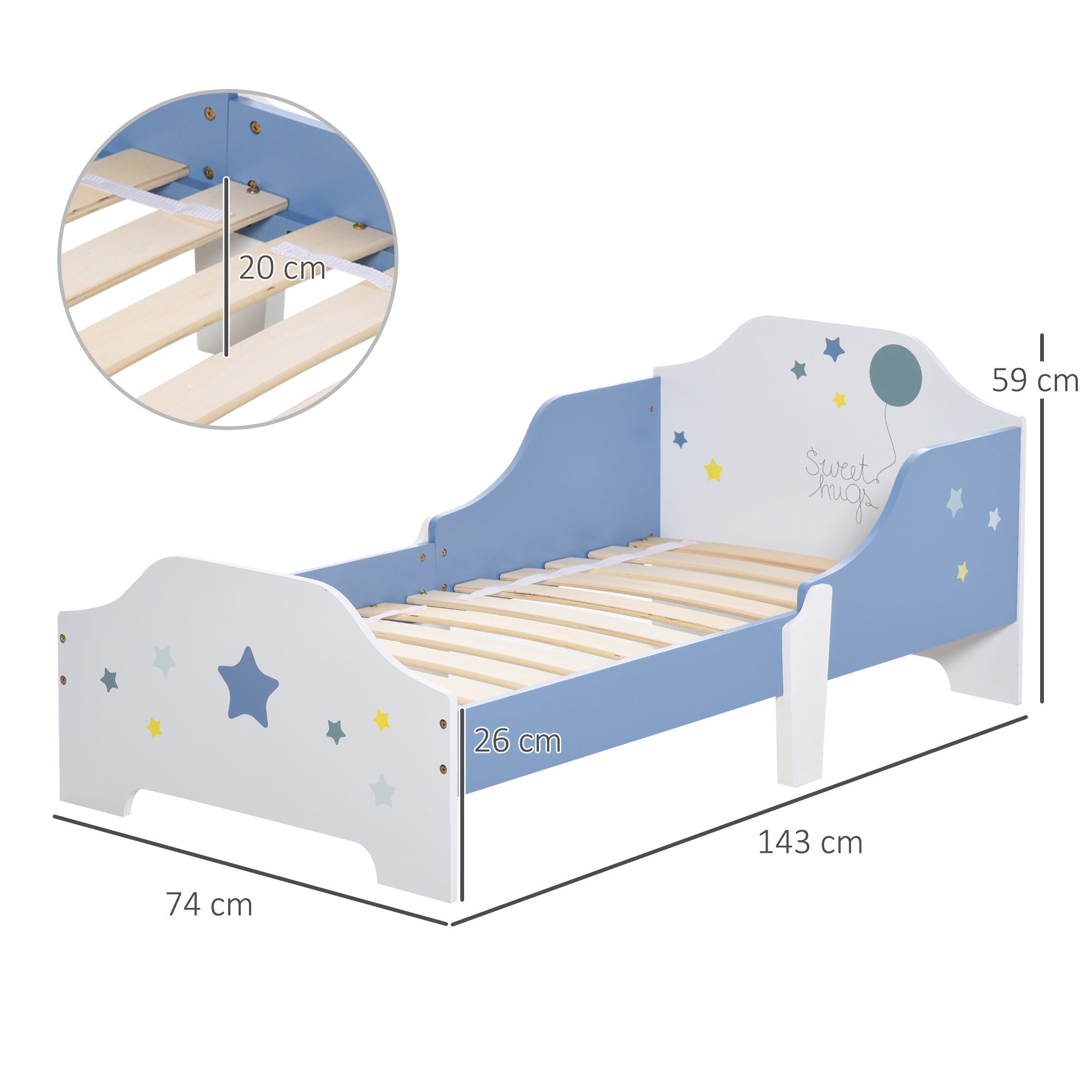 Kids Star Balloon Single Bed Frame Guardrails Slats Bedroom Furniture HOMCOM