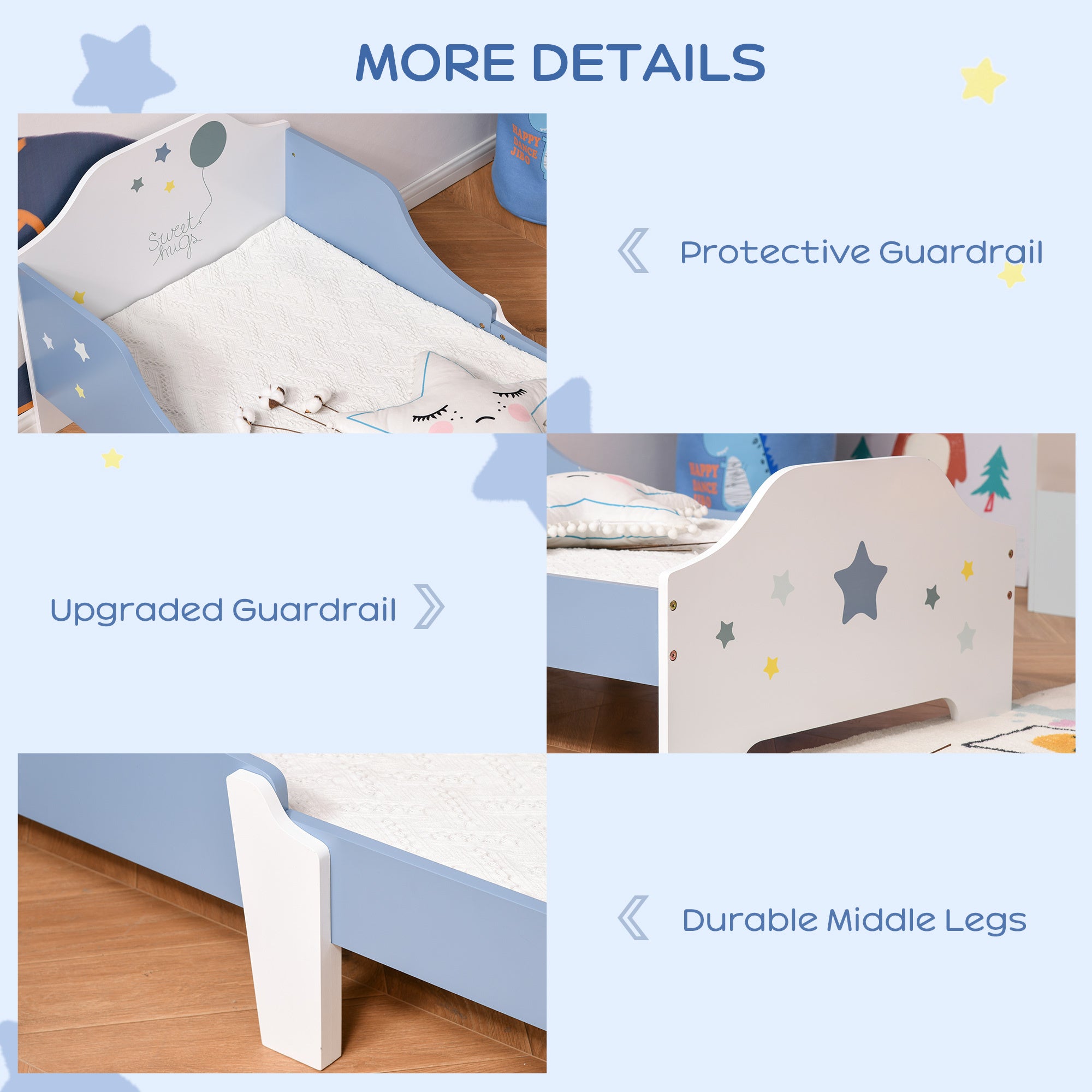 Kids Star Balloon Single Bed Frame Guardrails Slats Bedroom Furniture HOMCOM