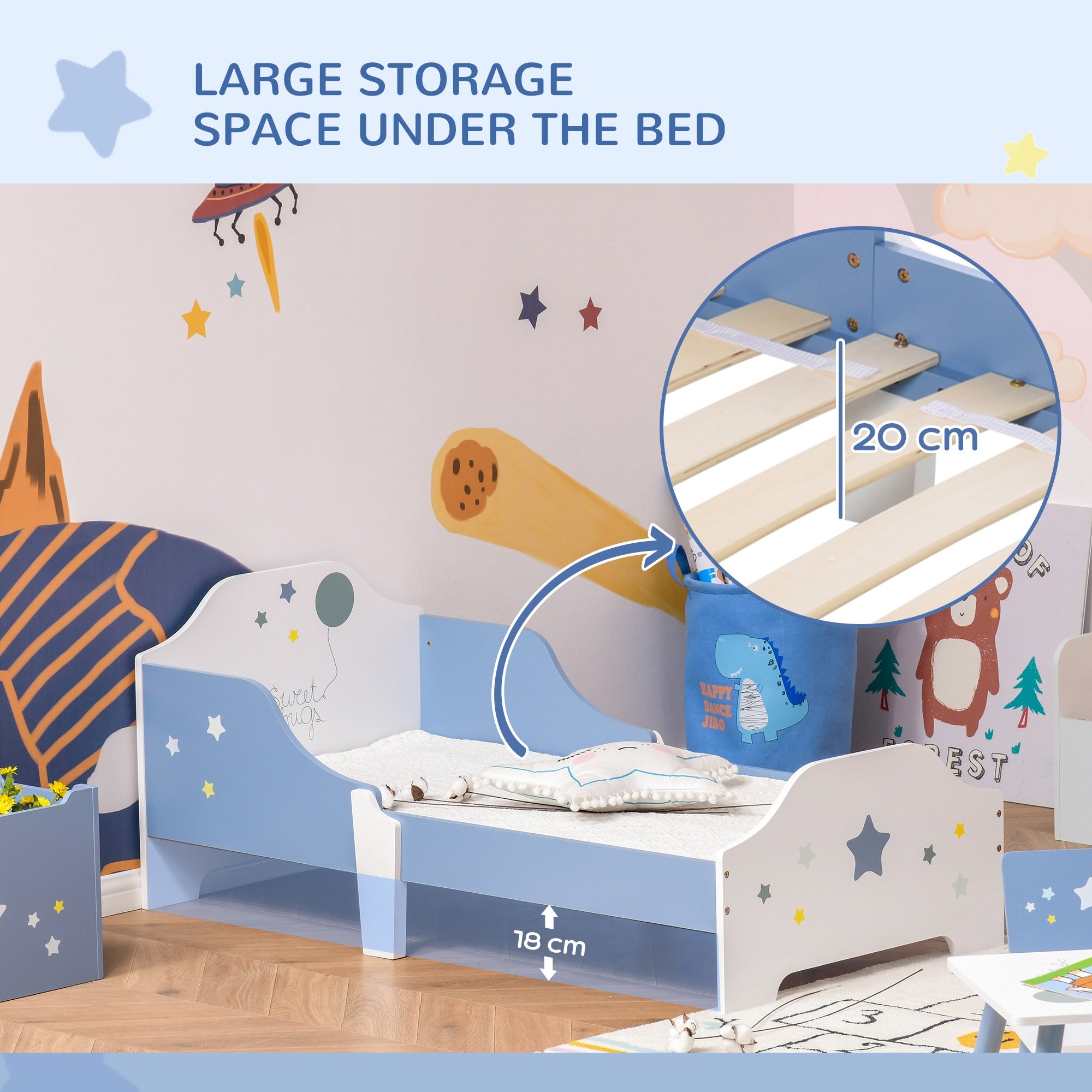 Kids Star Balloon Single Bed Frame Guardrails Slats Bedroom Furniture HOMCOM