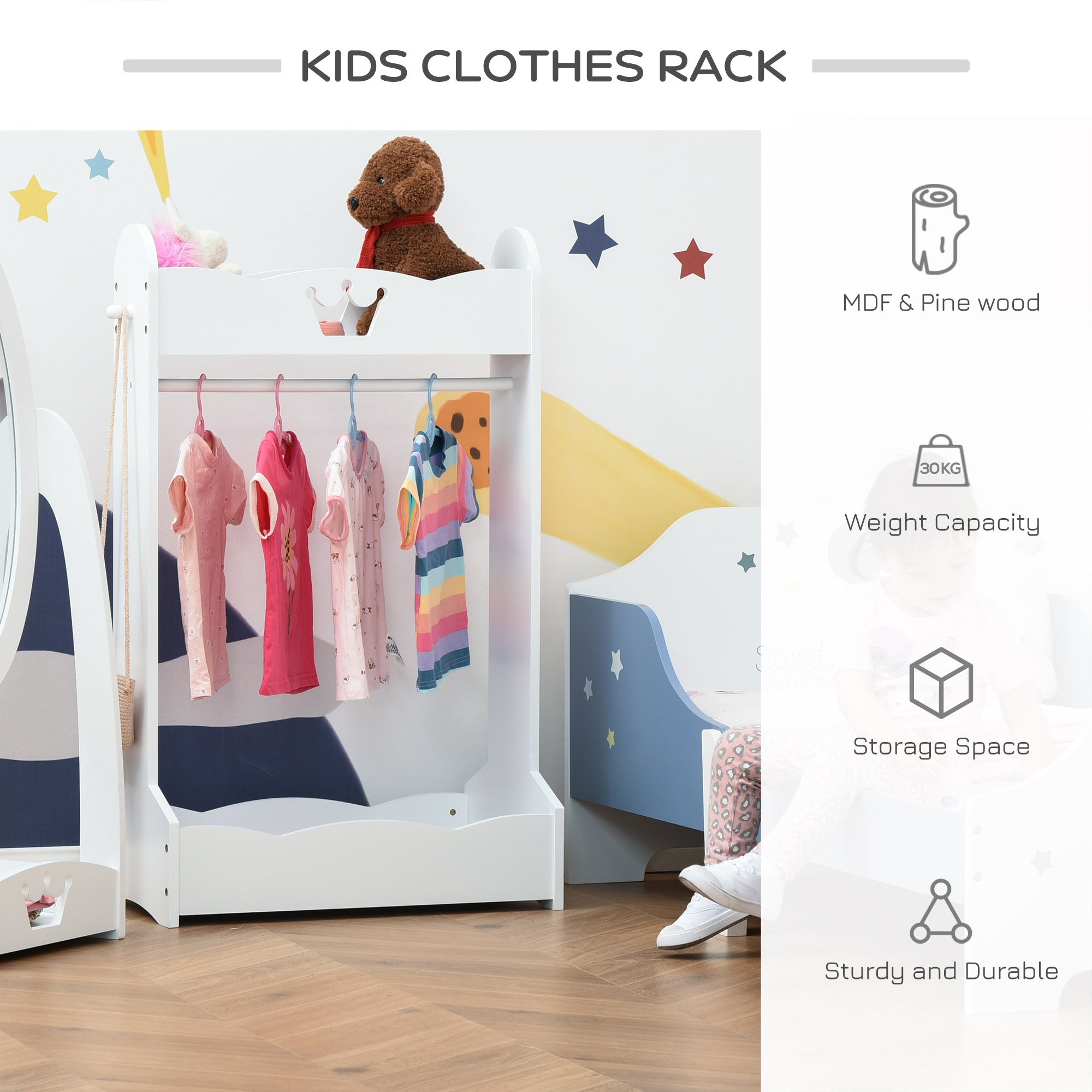 Kids Wood Clothes Rack with Storage Shelves Hall Tree for 3-8 Years HOMCOM