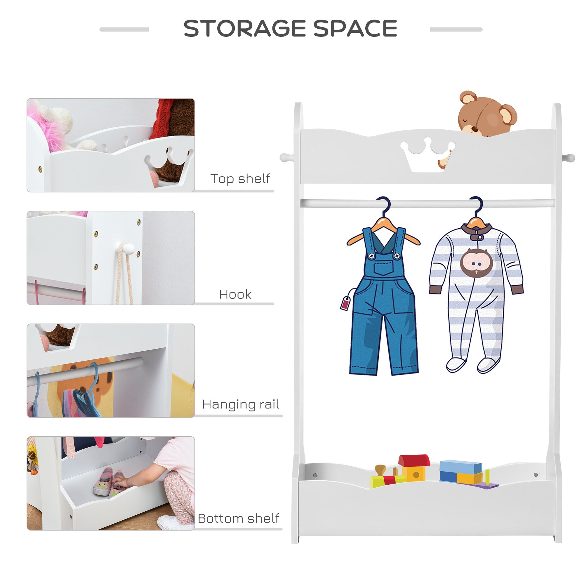 Kids Wood Clothes Rack with Storage Shelves Hall Tree for 3-8 Years HOMCOM