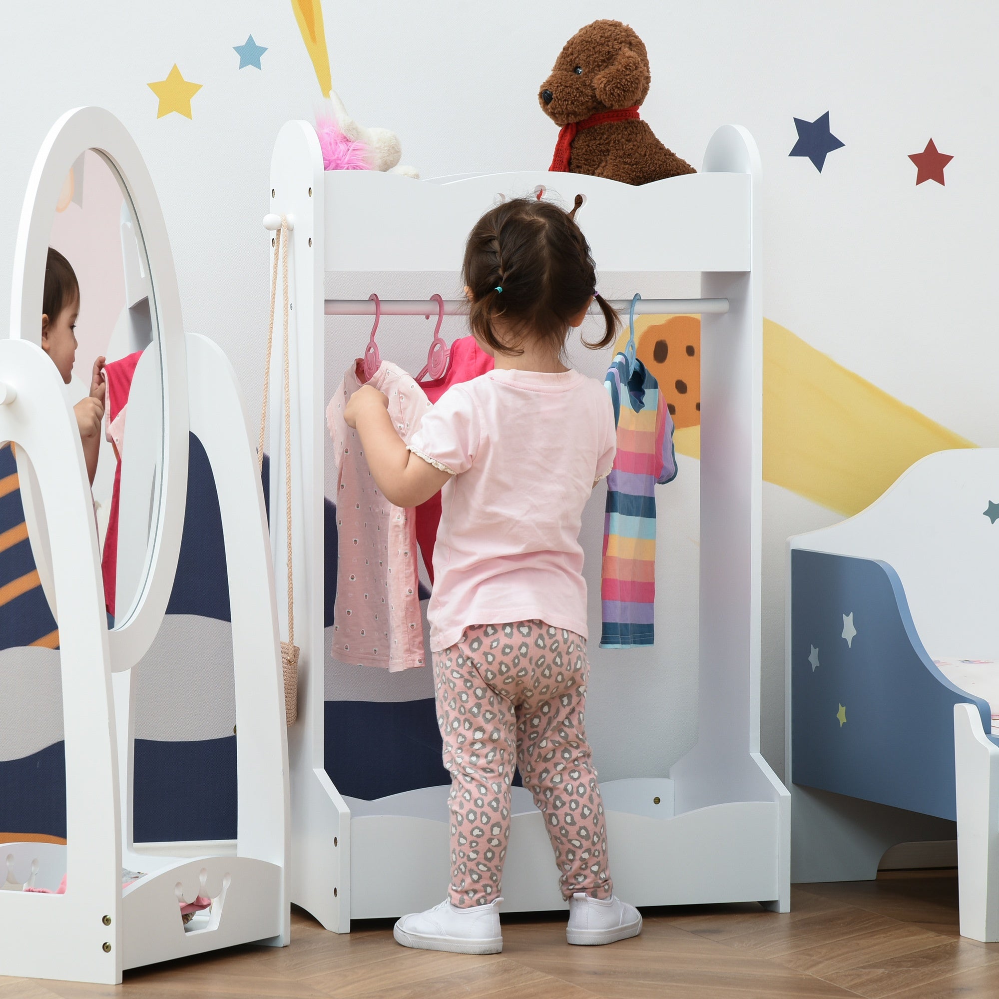Kids Wood Clothes Rack with Storage Shelves Hall Tree for 3-8 Years HOMCOM