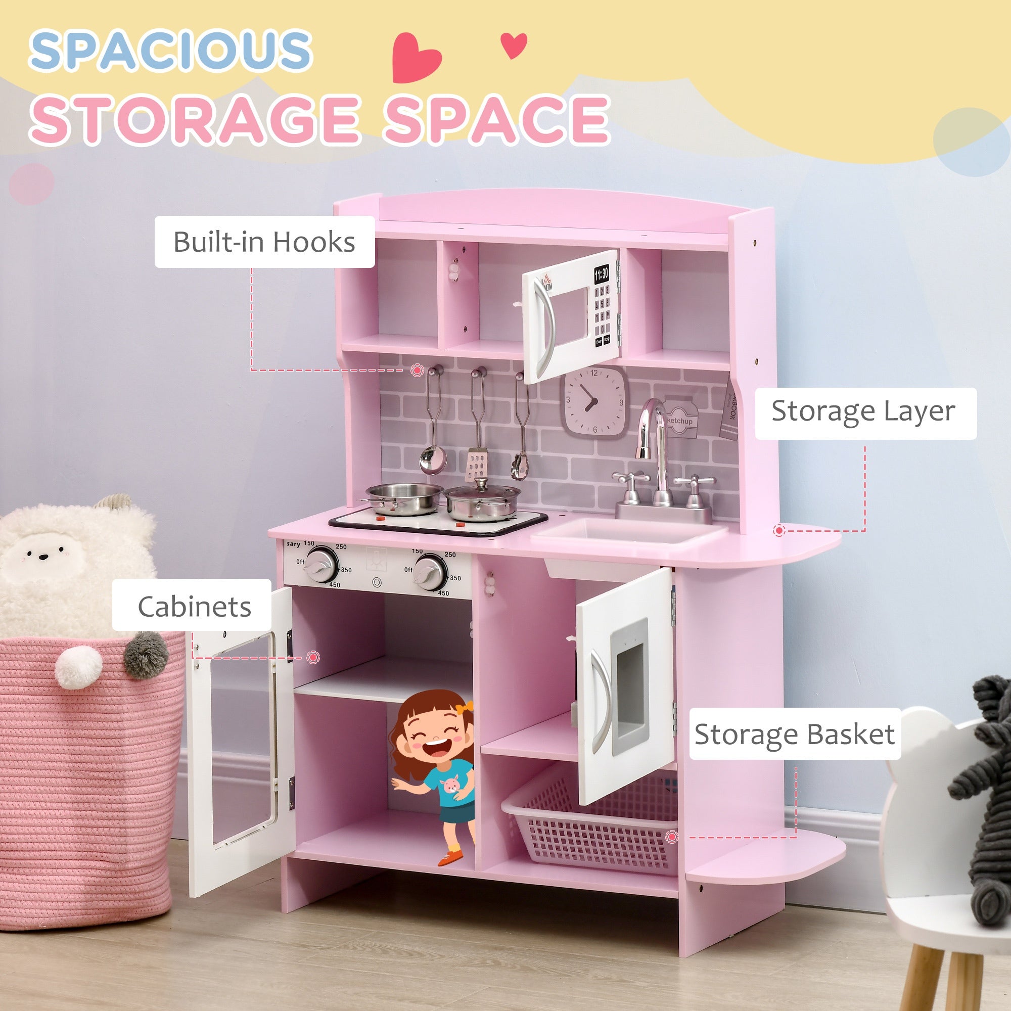 Kitchen Set for Kids W/ Lights Sounds, Microwave, Sink, for Aged 3-6 HOMCOM