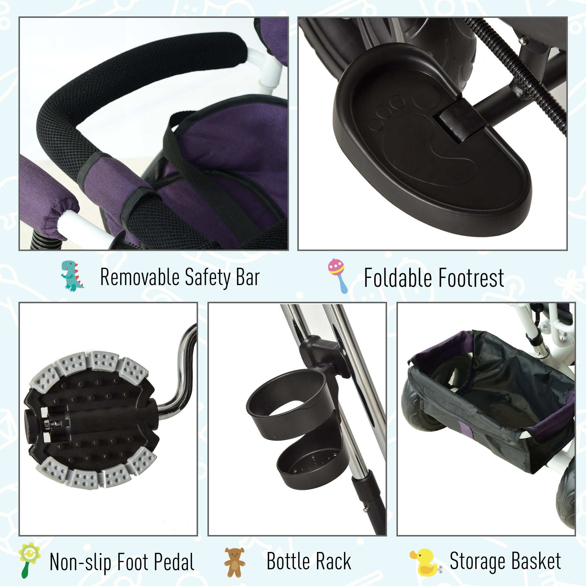 3 in 1 Kids Tricycle Pedal Push Trike with Canopy, Parent Handle Purple HOMCOM