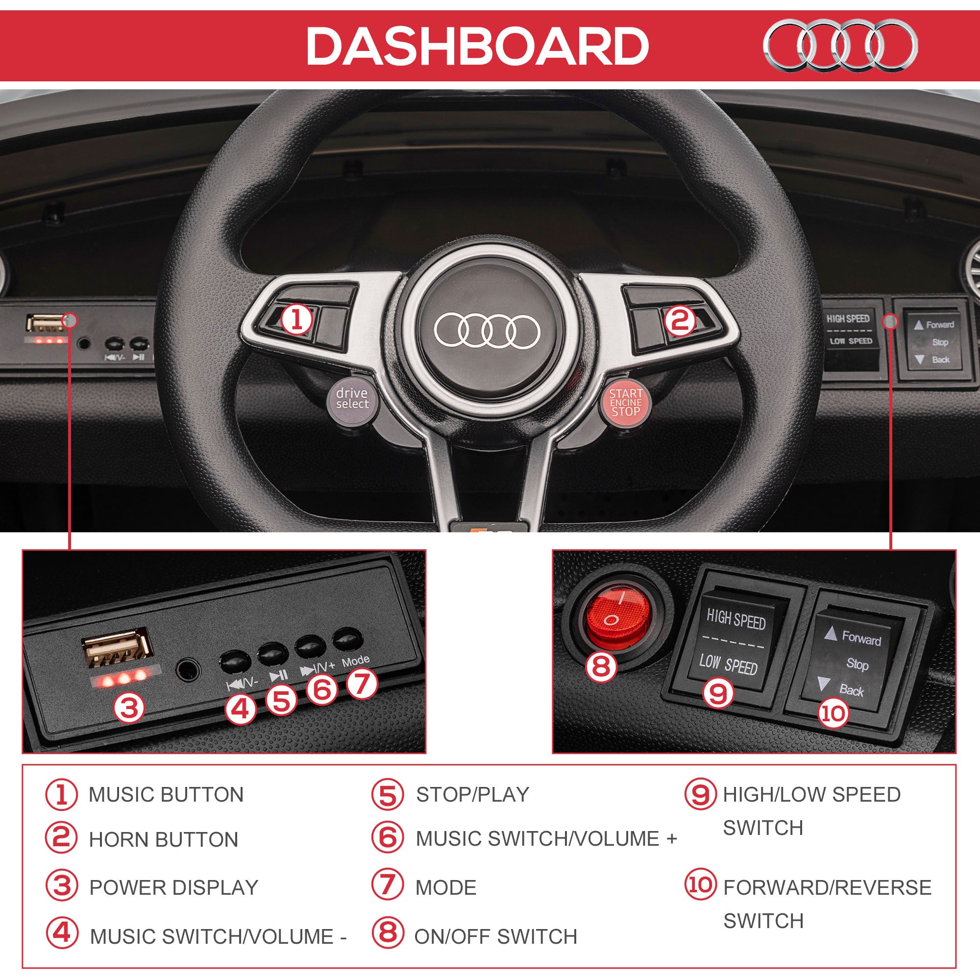 12V Battery Licensed Audi TT Ride On Car w/ Remote Headlight MP3 Black
