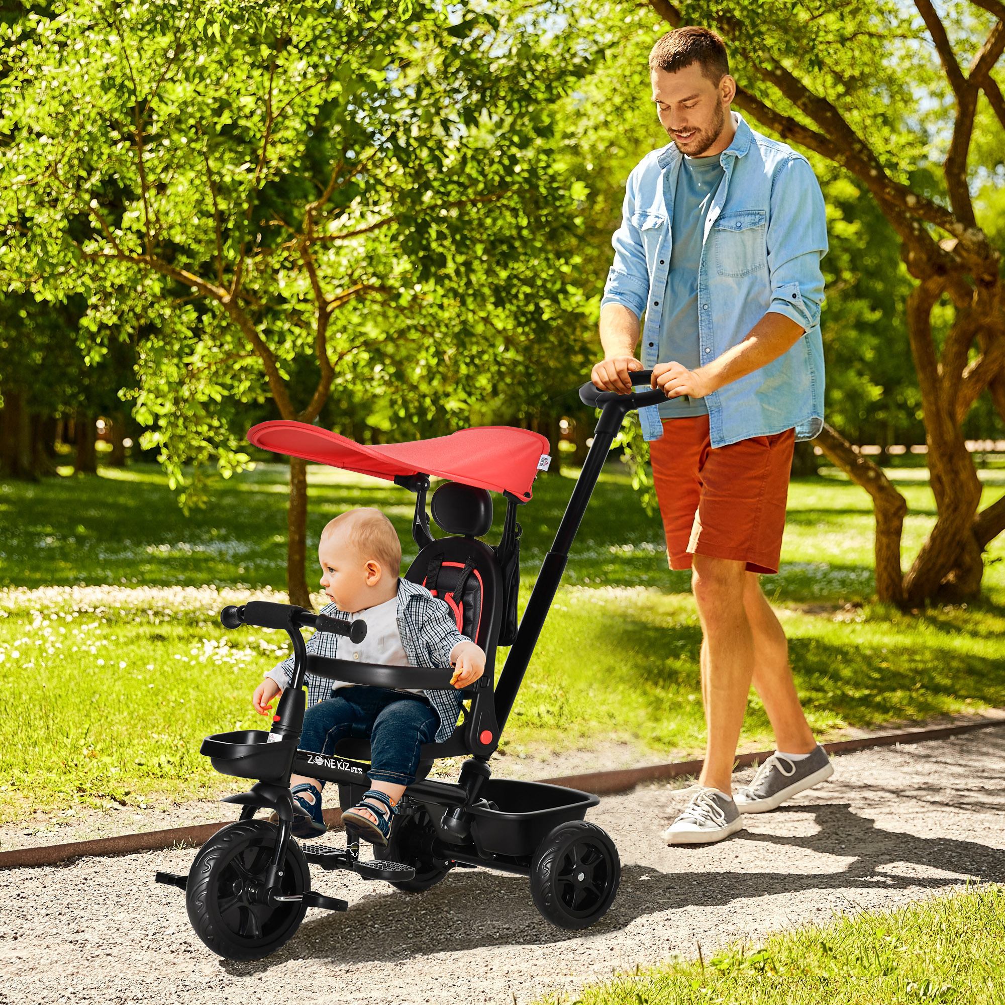 Four-In-One Kids Tricycle w/ Adjustable Canopy Reversible Seat - Red