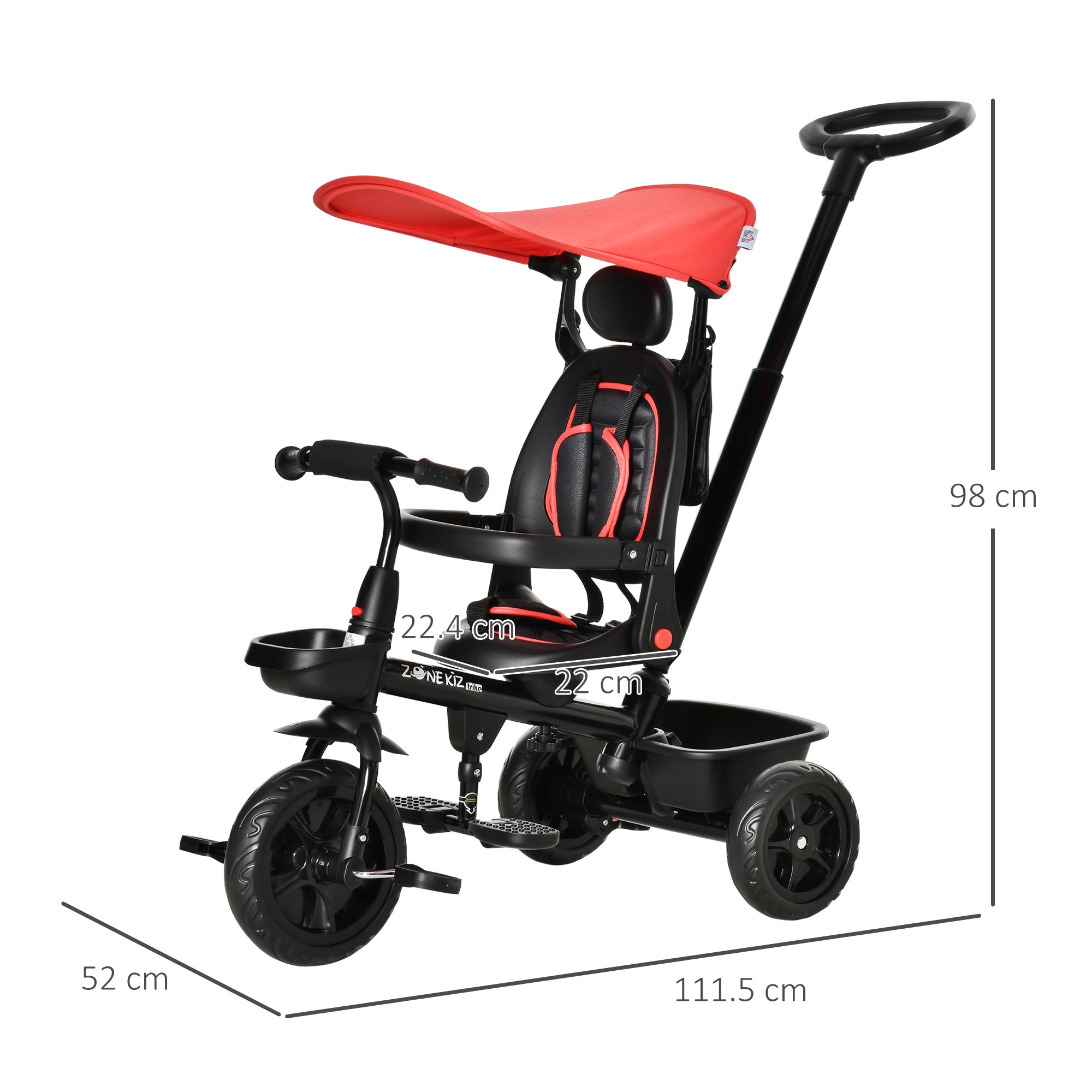Four-In-One Kids Tricycle w/ Adjustable Canopy Reversible Seat - Red