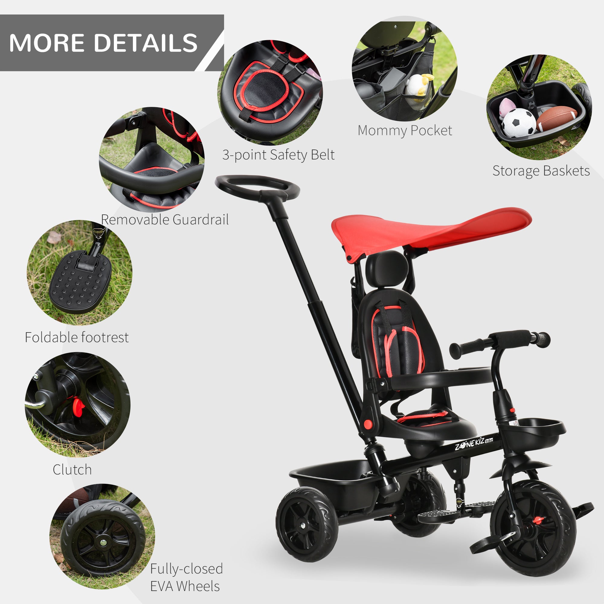 Four-In-One Kids Tricycle w/ Adjustable Canopy Reversible Seat - Red