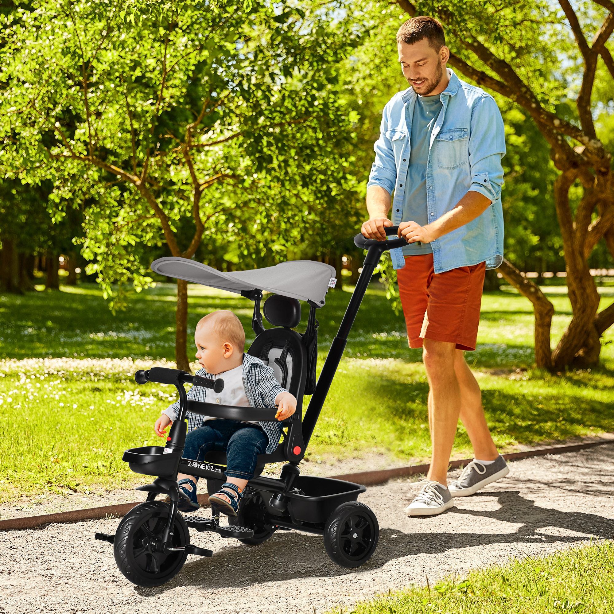 Four-In-One Kids Tricycle w/ Adjustable Canopy Reversible Seat - Grey