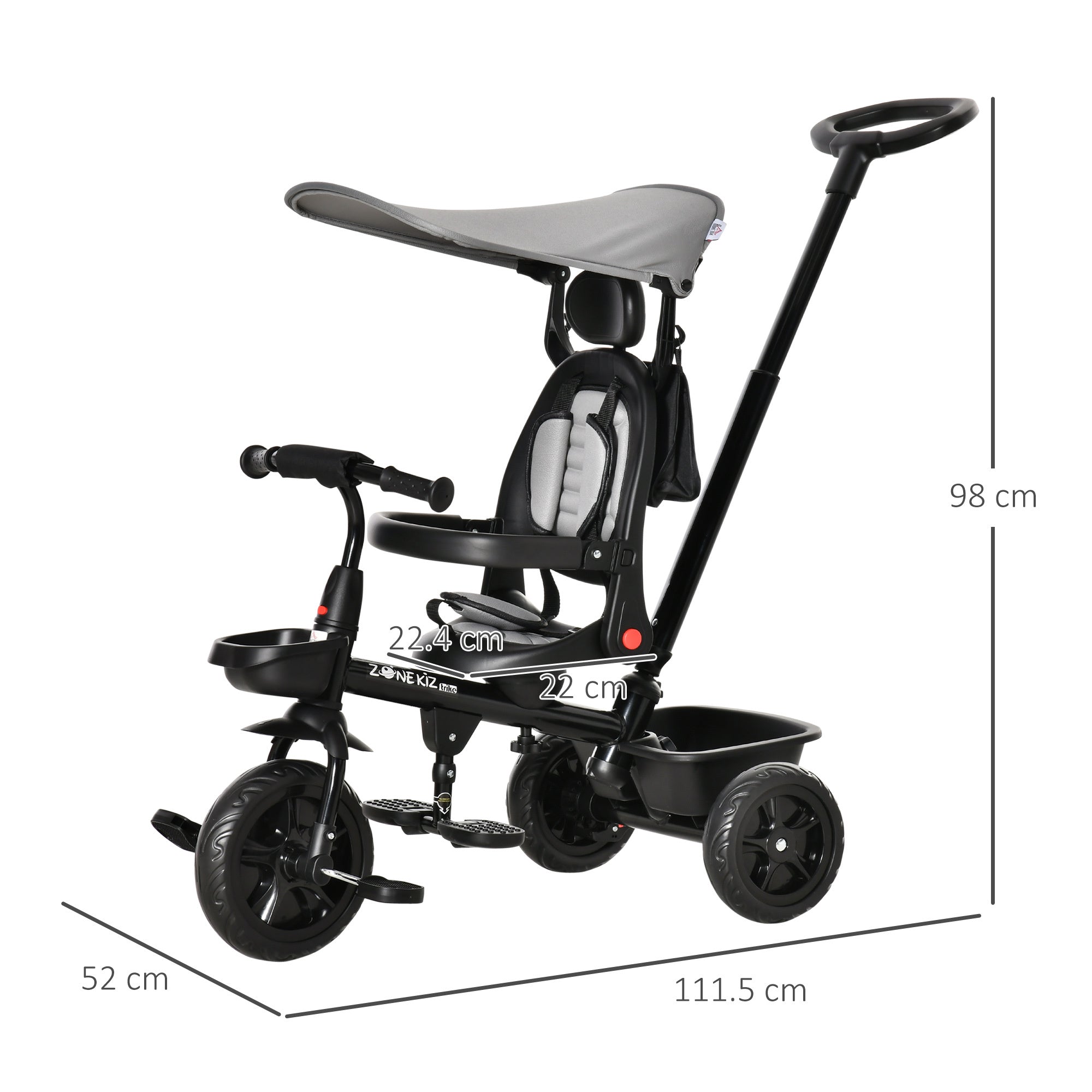 Four-In-One Kids Tricycle w/ Adjustable Canopy Reversible Seat - Grey