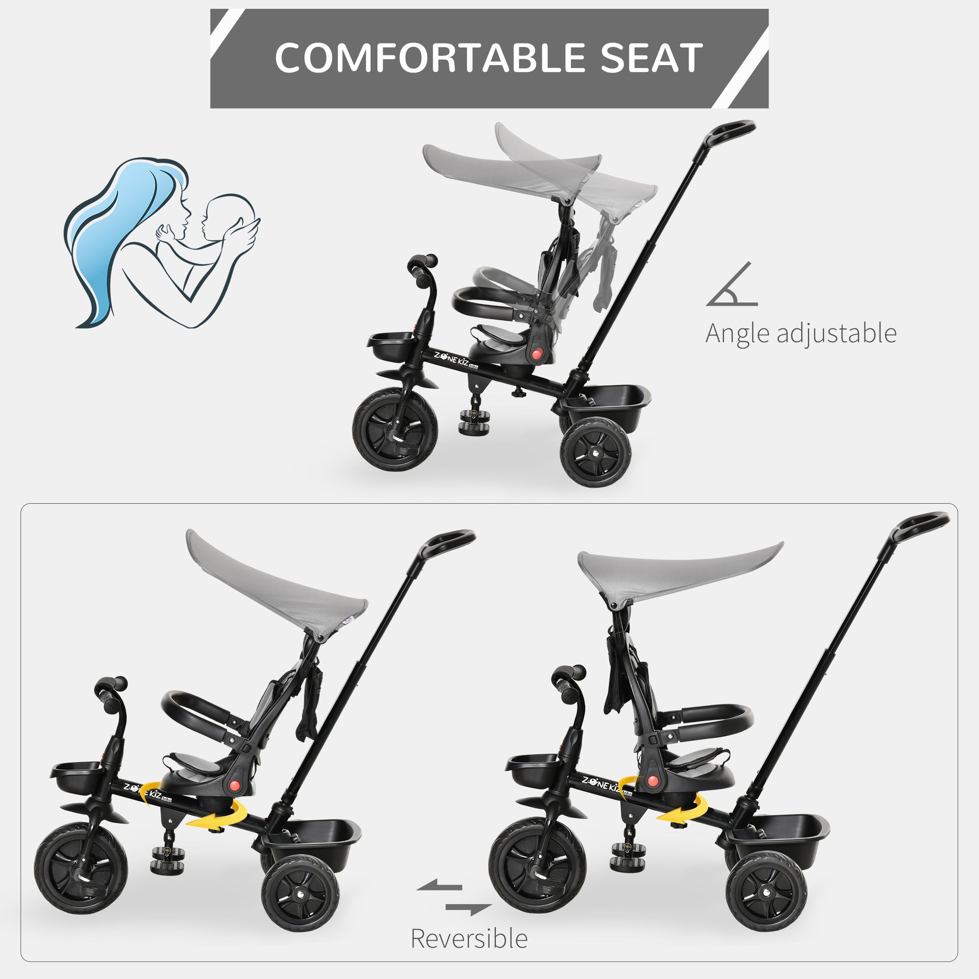 Four-In-One Kids Tricycle w/ Adjustable Canopy Reversible Seat - Grey