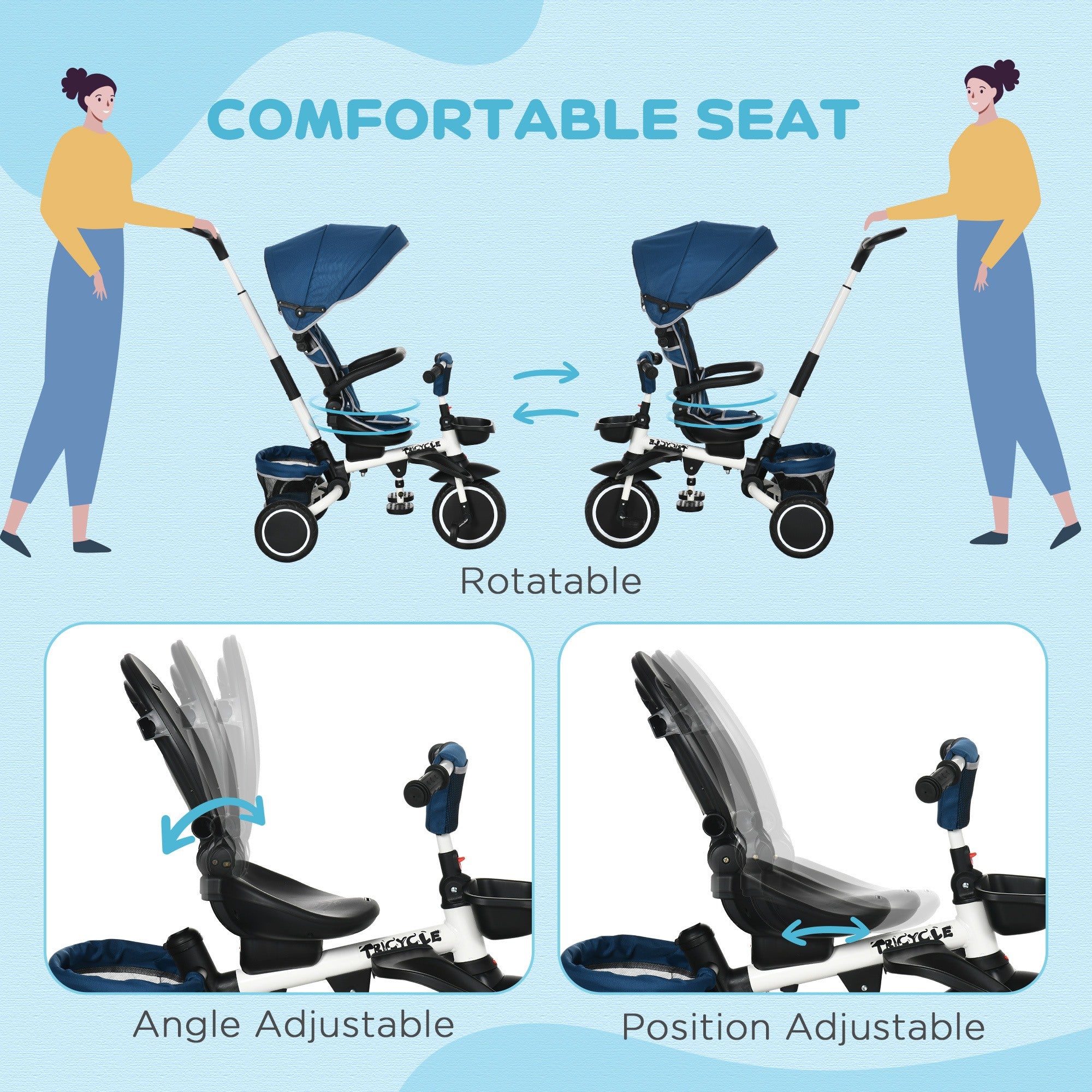 Multifunctional Baby Trike with Rotatable Seat, Push Handle - Blue