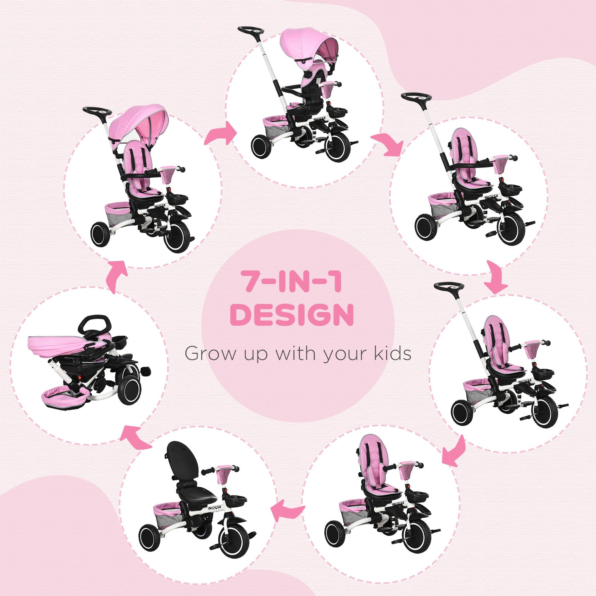 Multifunctional Baby Trike with Rotatable Seat, Push Handle - Pink