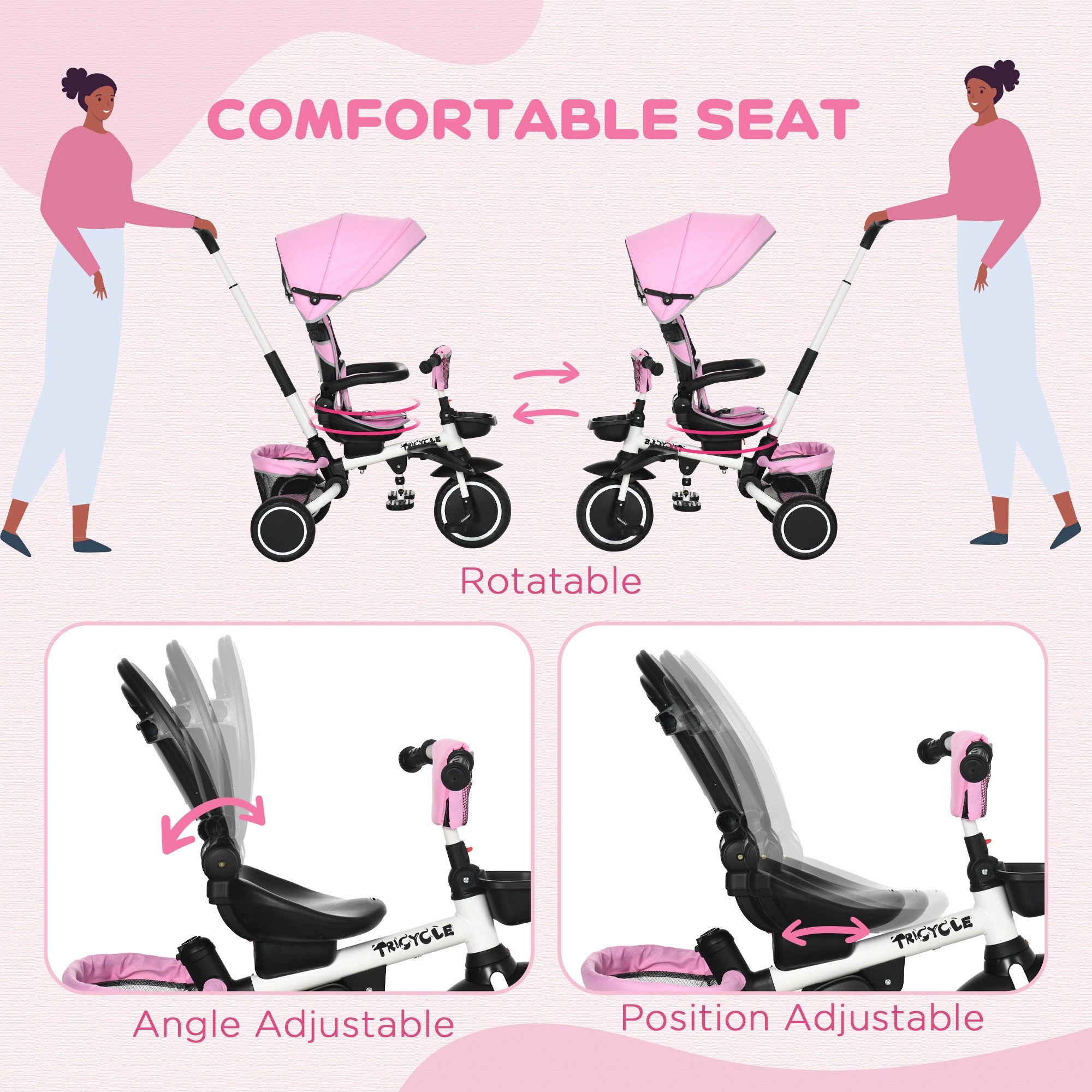 Multifunctional Baby Trike with Rotatable Seat, Push Handle - Pink