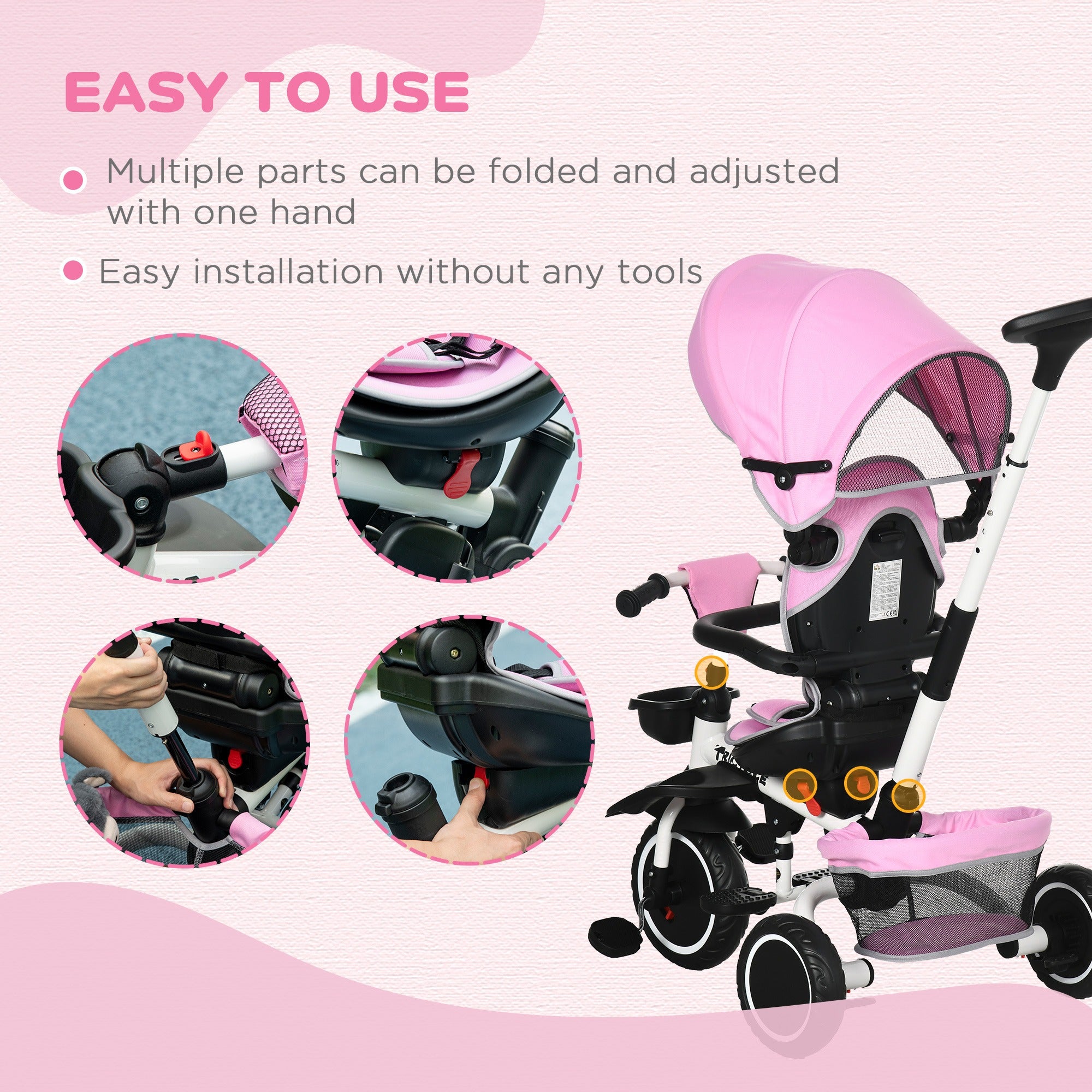 Multifunctional Baby Trike with Rotatable Seat, Push Handle - Pink