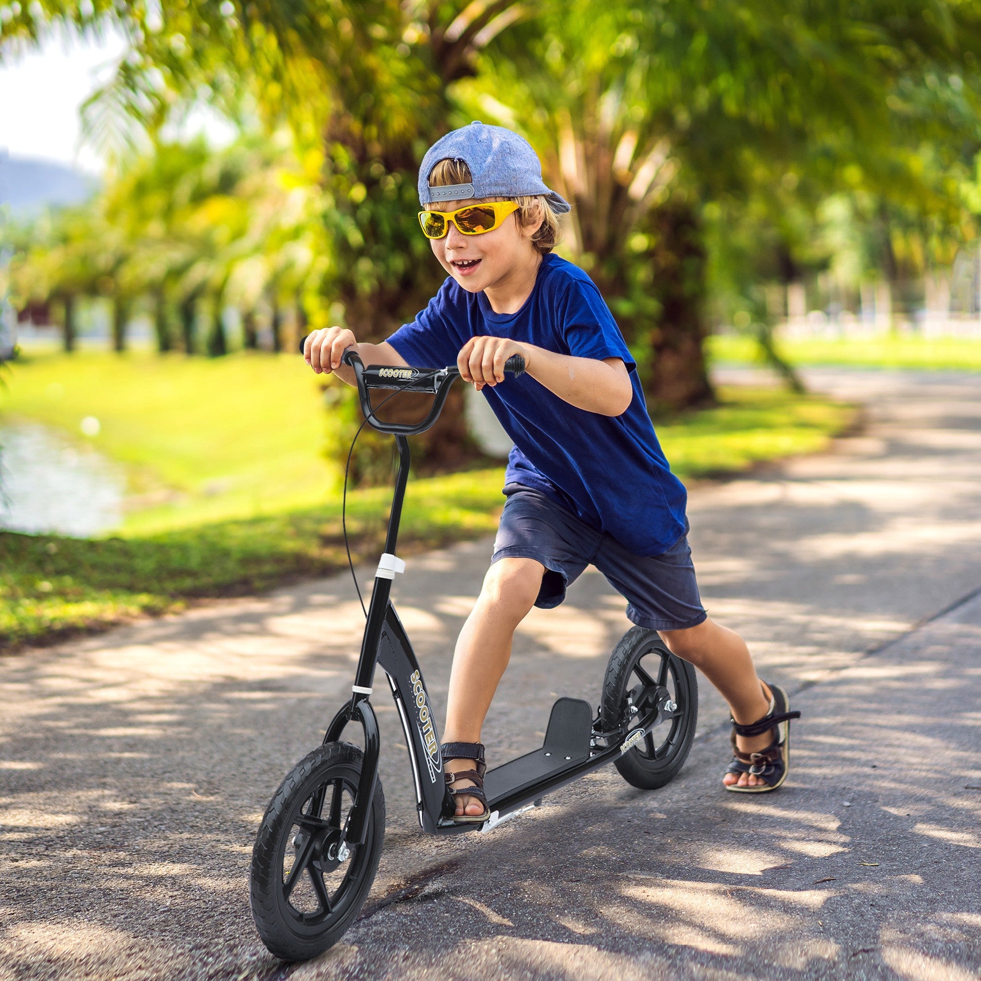 Push Scooter Teen Kids Stunt Bike Ride On with 12" EVA Tyres, Black HOMCOM