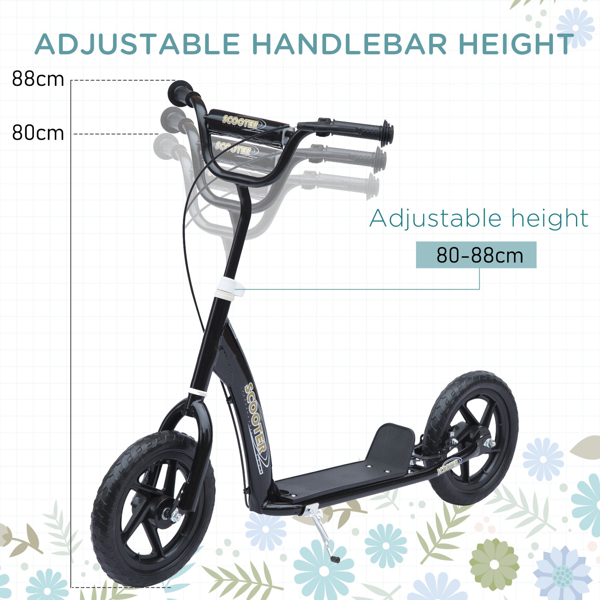 Push Scooter Teen Kids Stunt Bike Ride On with 12" EVA Tyres, Black HOMCOM