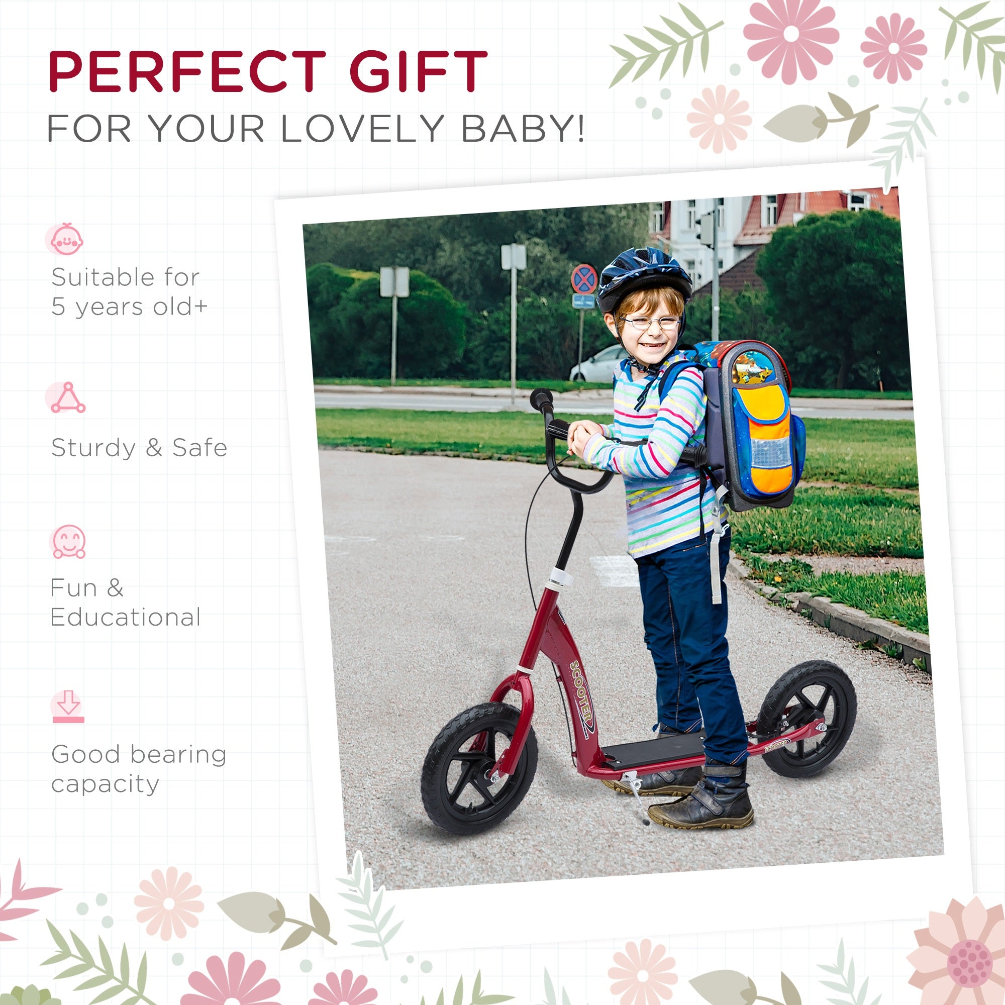 Push Scooter Teen Kids Stunt Bike Ride On with 12" EVA Tyres, Red HOMCOM