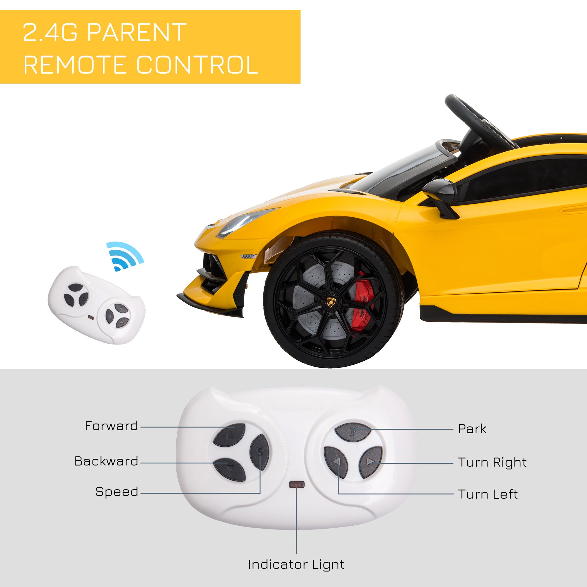 Lamborghini SVJ 12V Ride-On Car w/ Lights Music Remote 3-8 Yrs Yellow HOMCOM