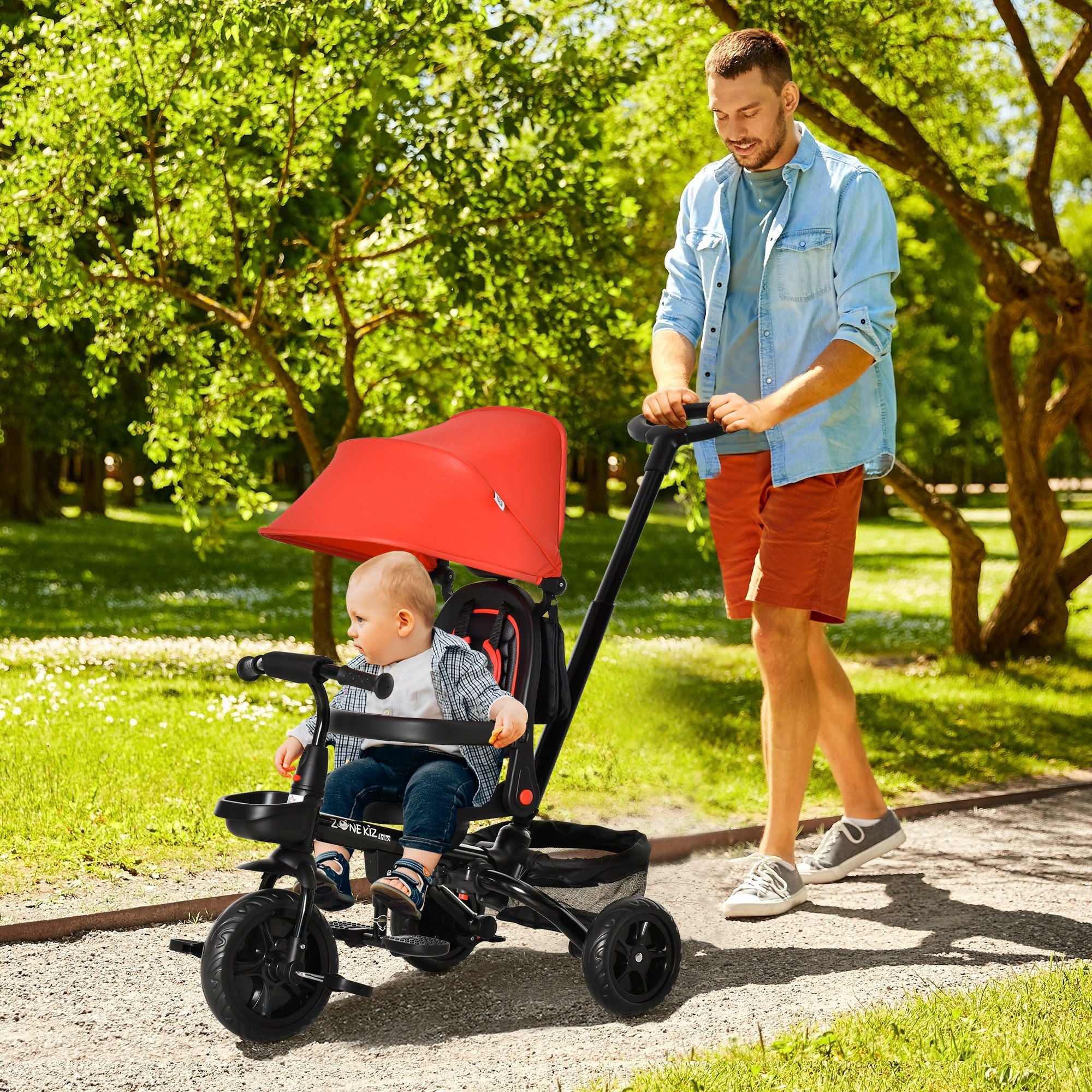 4 in 1 Kids Tricycle w/ Push Handle Brake Clutch Footrest Handrail Belt