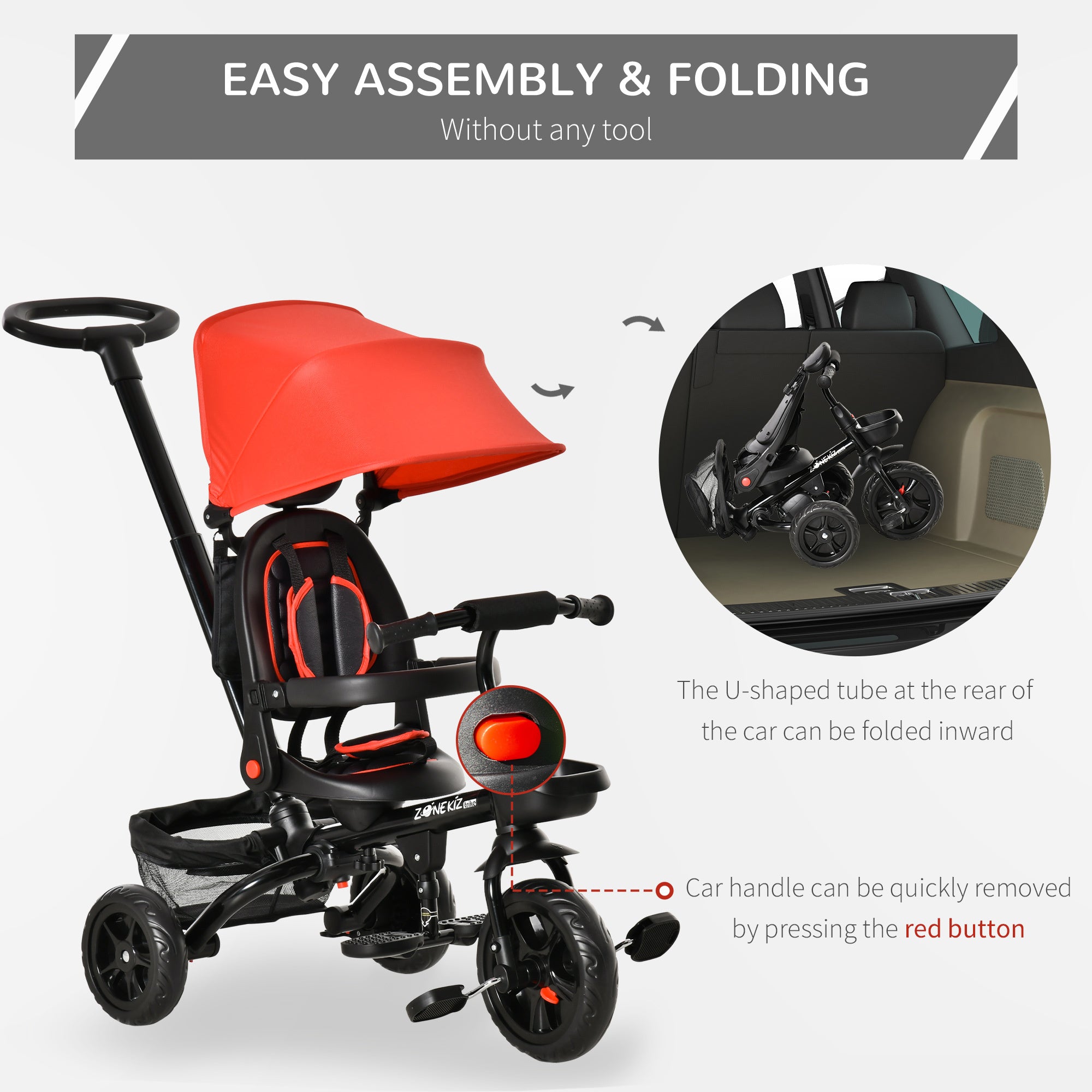 4 in 1 Kids Tricycle w/ Push Handle Brake Clutch Footrest Handrail Belt