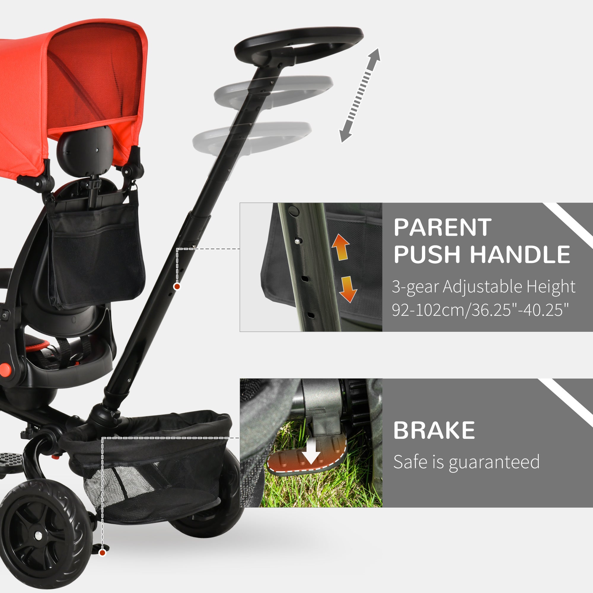 4 in 1 Kids Tricycle w/ Push Handle Brake Clutch Footrest Handrail Belt