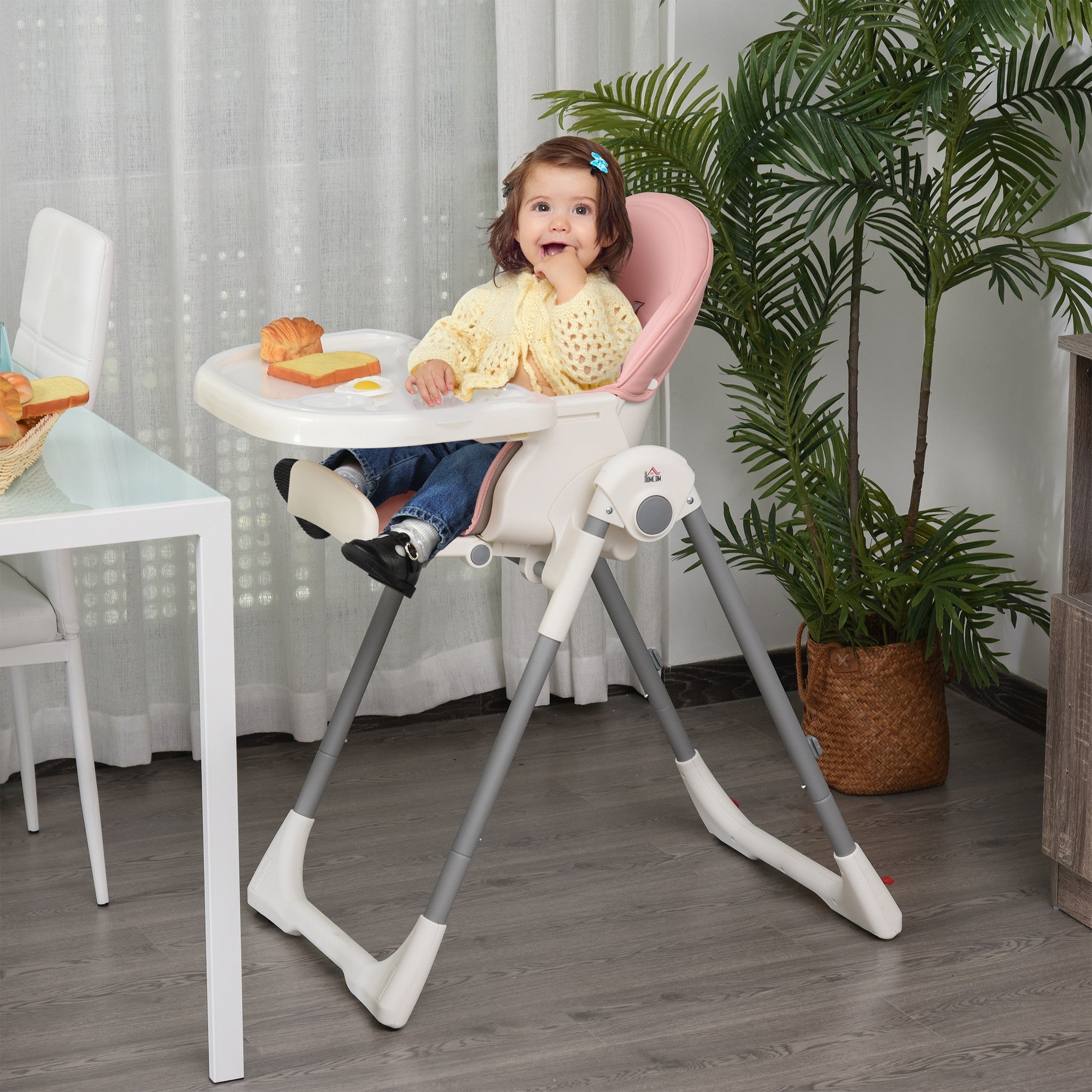 Foldable Baby High Chair Toddler Height Back Footrest Adjustable Pink HOMCOM