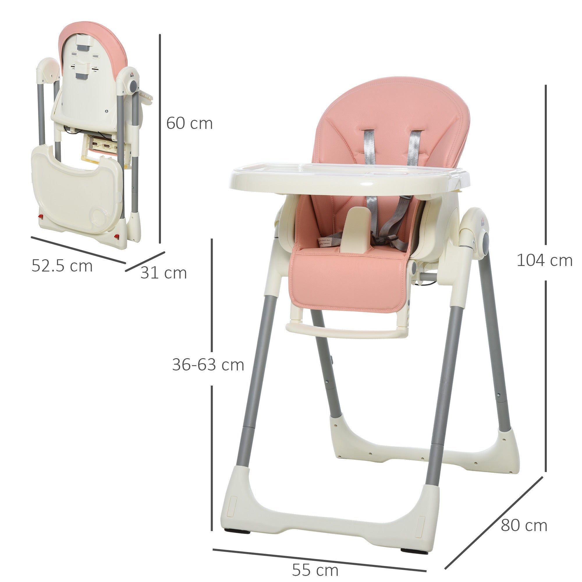 Foldable Baby High Chair Toddler Height Back Footrest Adjustable Pink HOMCOM