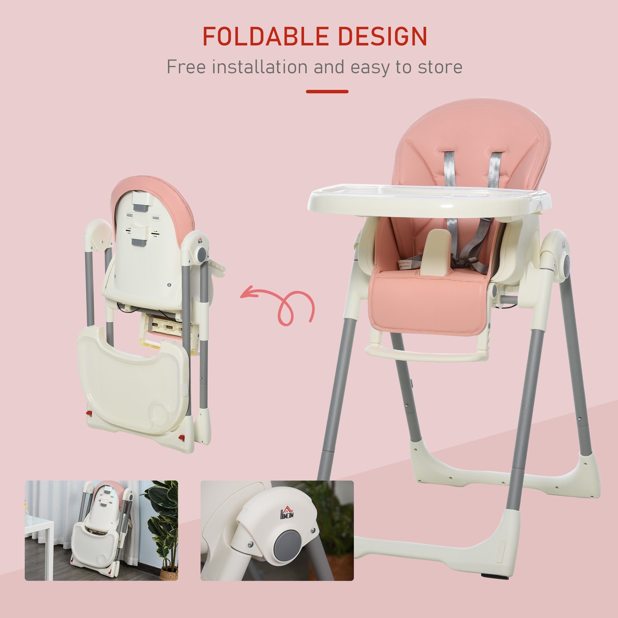 Foldable Baby High Chair Toddler Height Back Footrest Adjustable Pink HOMCOM