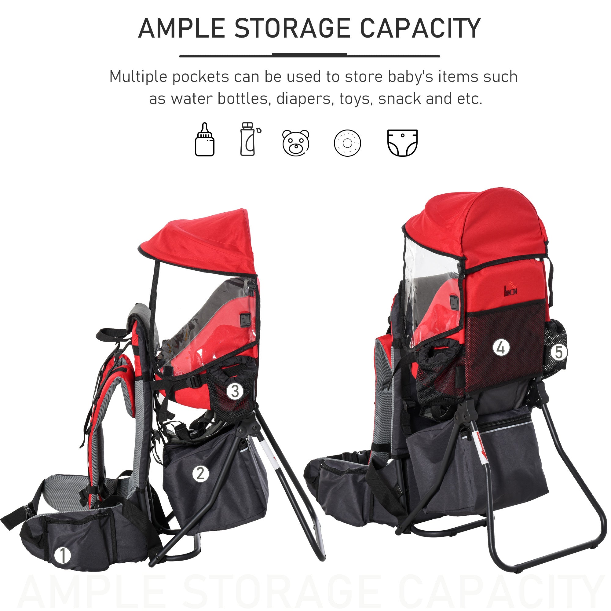 Baby Hiking Backpack Carrier w/ Detachable Rain Cover for Toddlers Red HOMCOM
