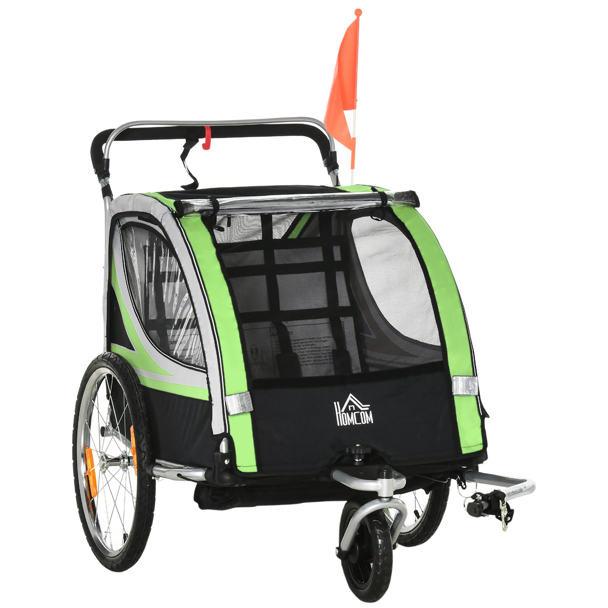 Two-In-One Child Bike Trailer Two-Seat Stroller w/ Brake Reflector Flag HOMCOM