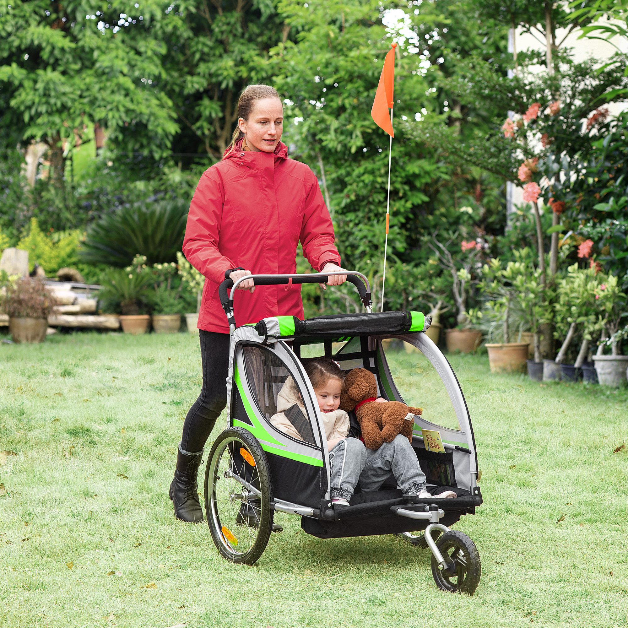 Two-In-One Child Bike Trailer Two-Seat Stroller w/ Brake Reflector Flag HOMCOM