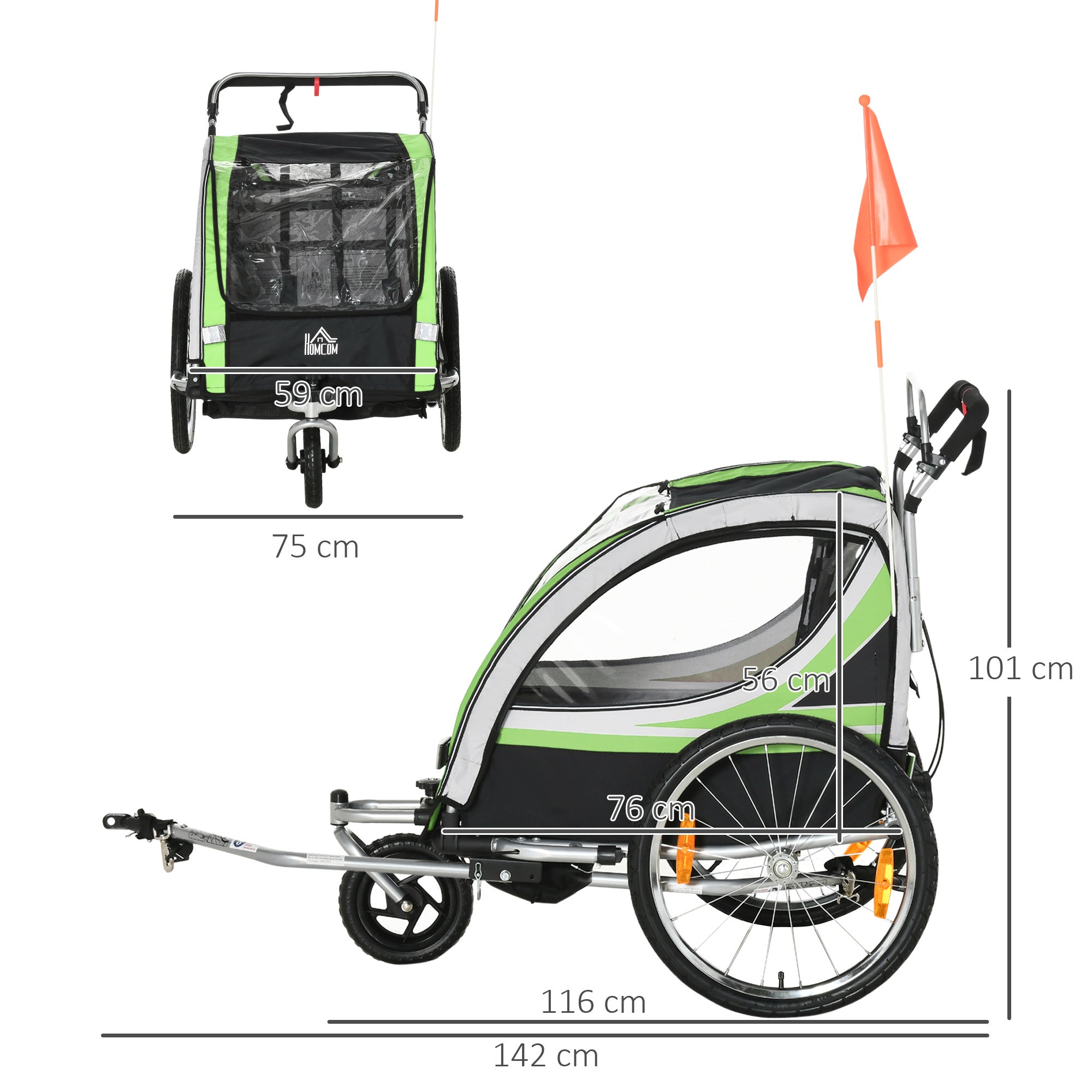 Two-In-One Child Bike Trailer Two-Seat Stroller w/ Brake Reflector Flag HOMCOM
