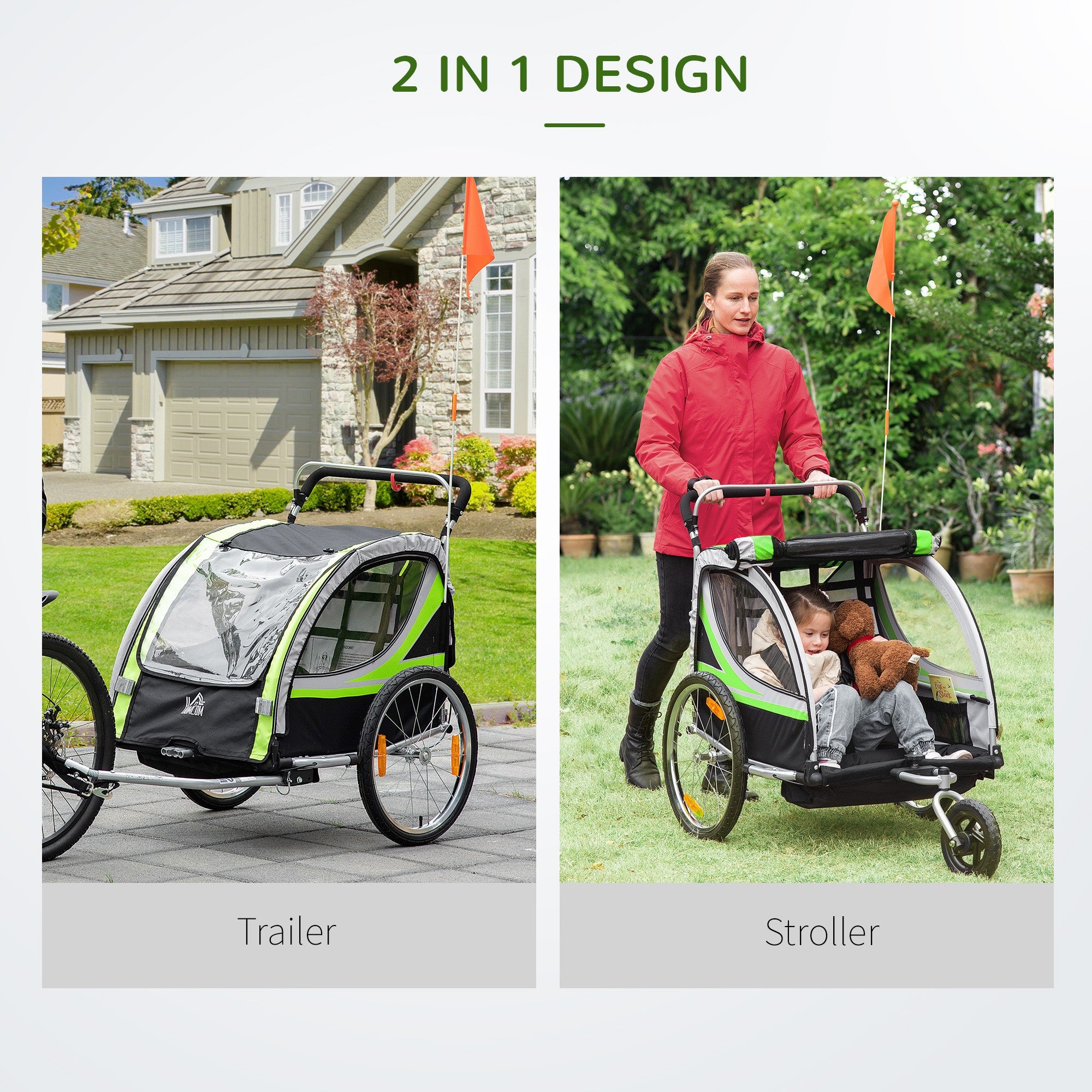Two-In-One Child Bike Trailer Two-Seat Stroller w/ Brake Reflector Flag HOMCOM