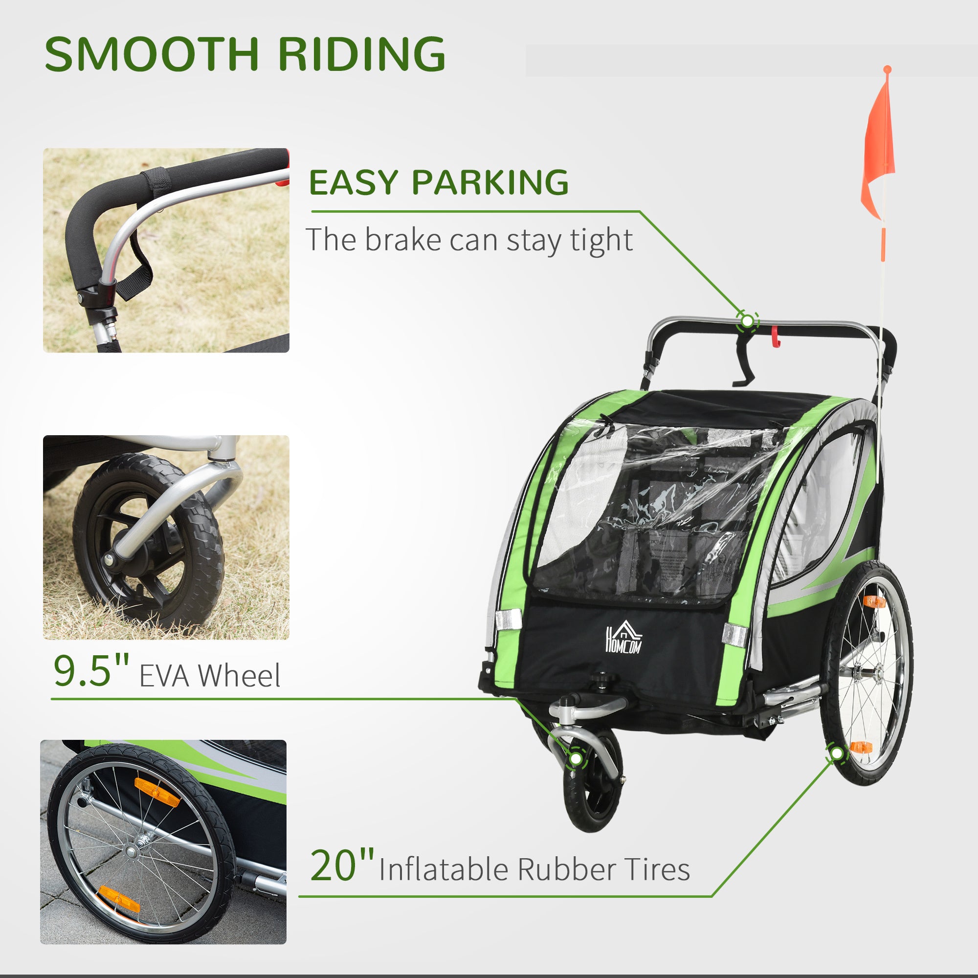 Two-In-One Child Bike Trailer Two-Seat Stroller w/ Brake Reflector Flag HOMCOM