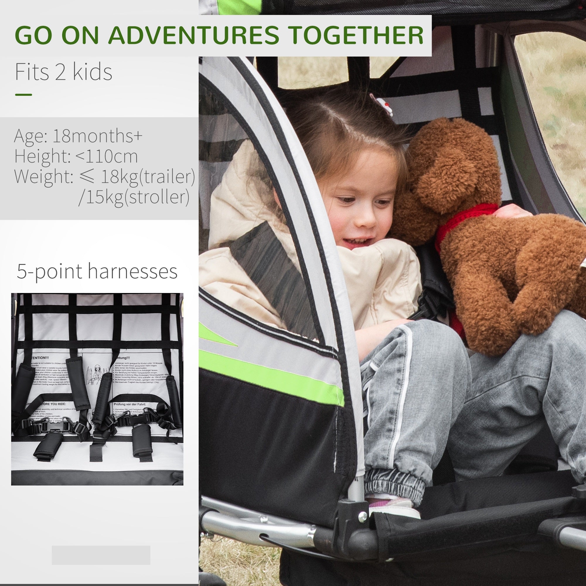 Two-In-One Child Bike Trailer Two-Seat Stroller w/ Brake Reflector Flag HOMCOM