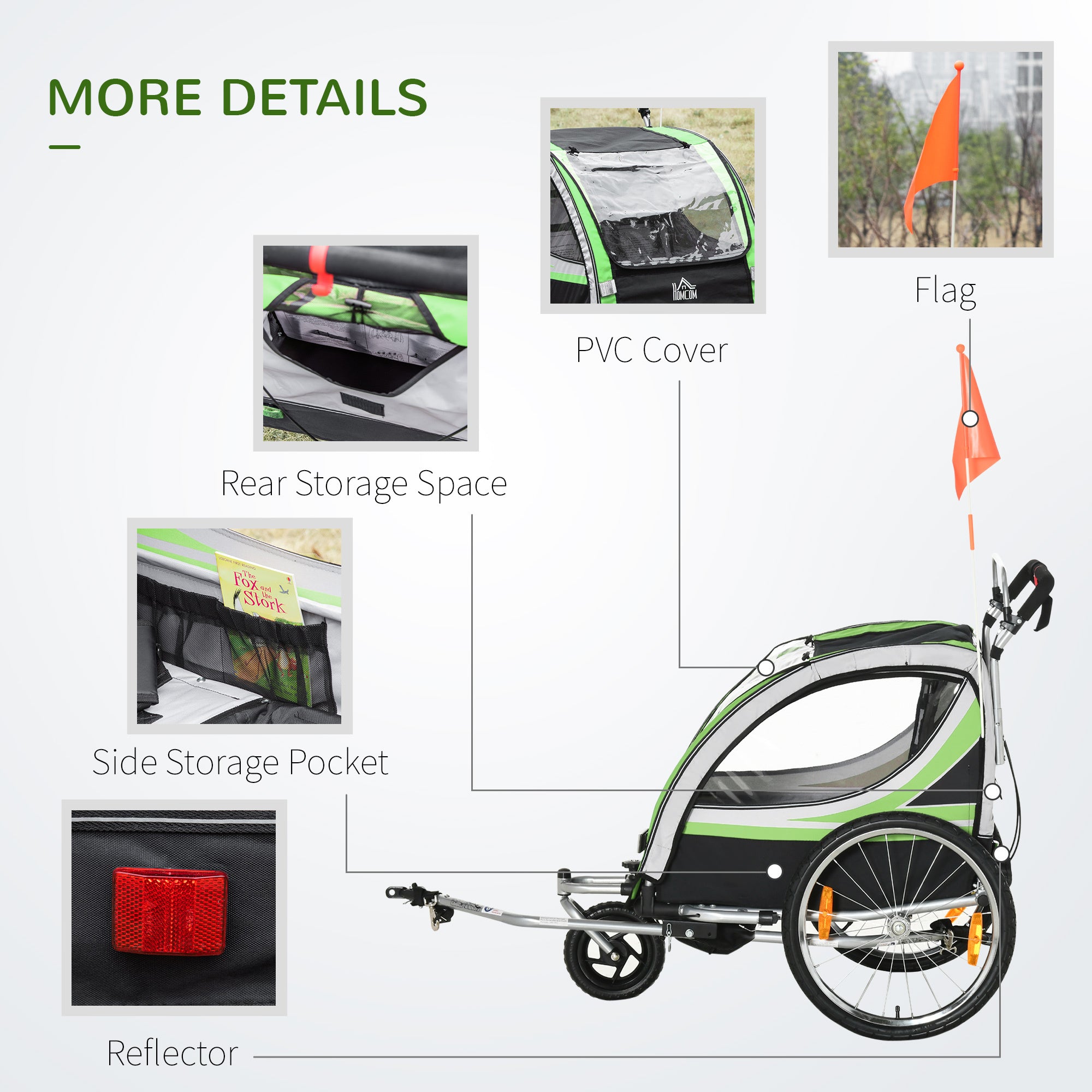 Two-In-One Child Bike Trailer Two-Seat Stroller w/ Brake Reflector Flag HOMCOM