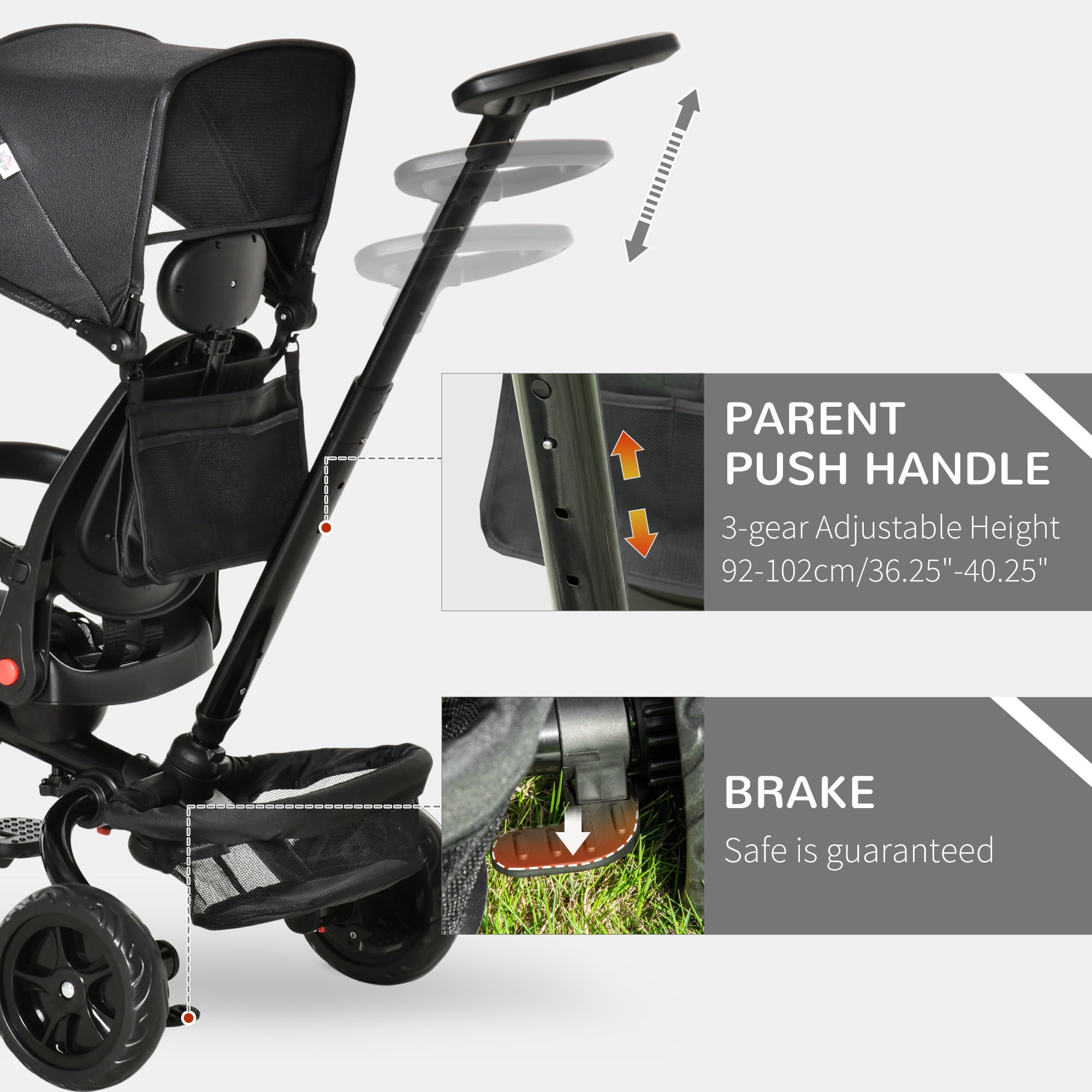 4 in 1 Kids Tricycle w/ Push Handle Brake Clutch Footrest Handrail Belt HOMCOM
